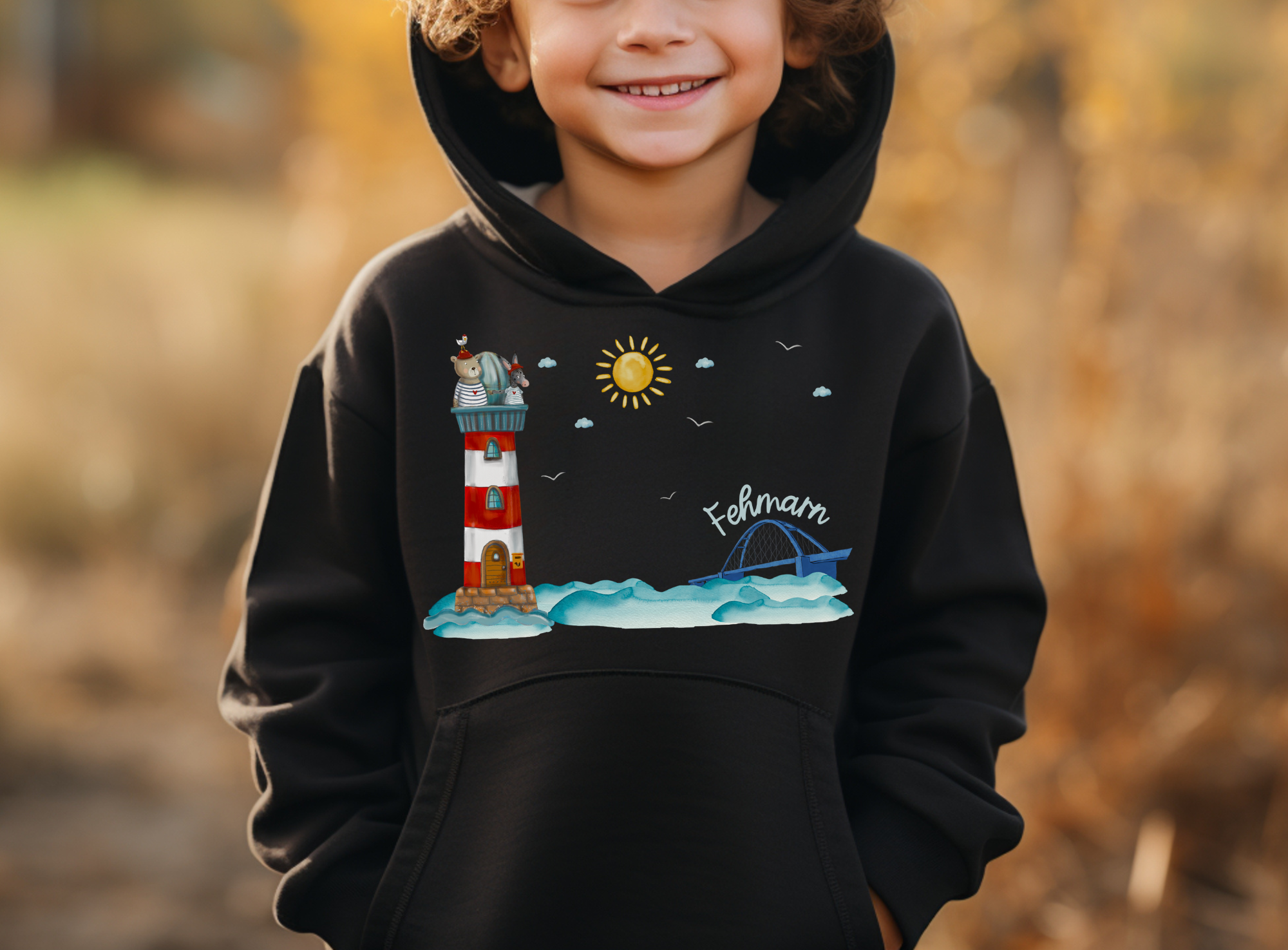 Hoodie mit Fehmarn-Motiv, Leuchtturm Fehmarn-Sund-Brücke Urlaubserinnerung