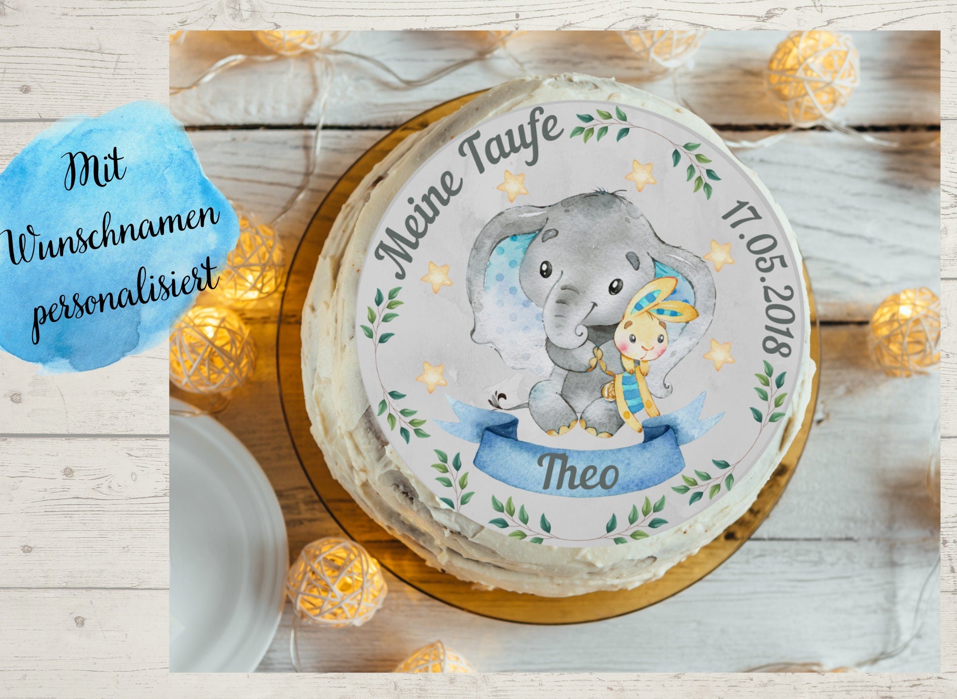 Tortenaufleger Fondant Taufe Elefant – Party Decor