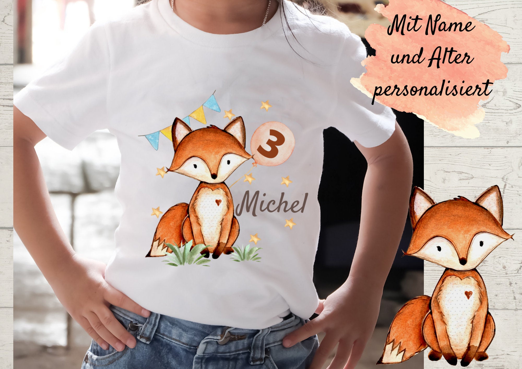 Bügelbild mit Wunschname und Alter personalisiert Fuchs