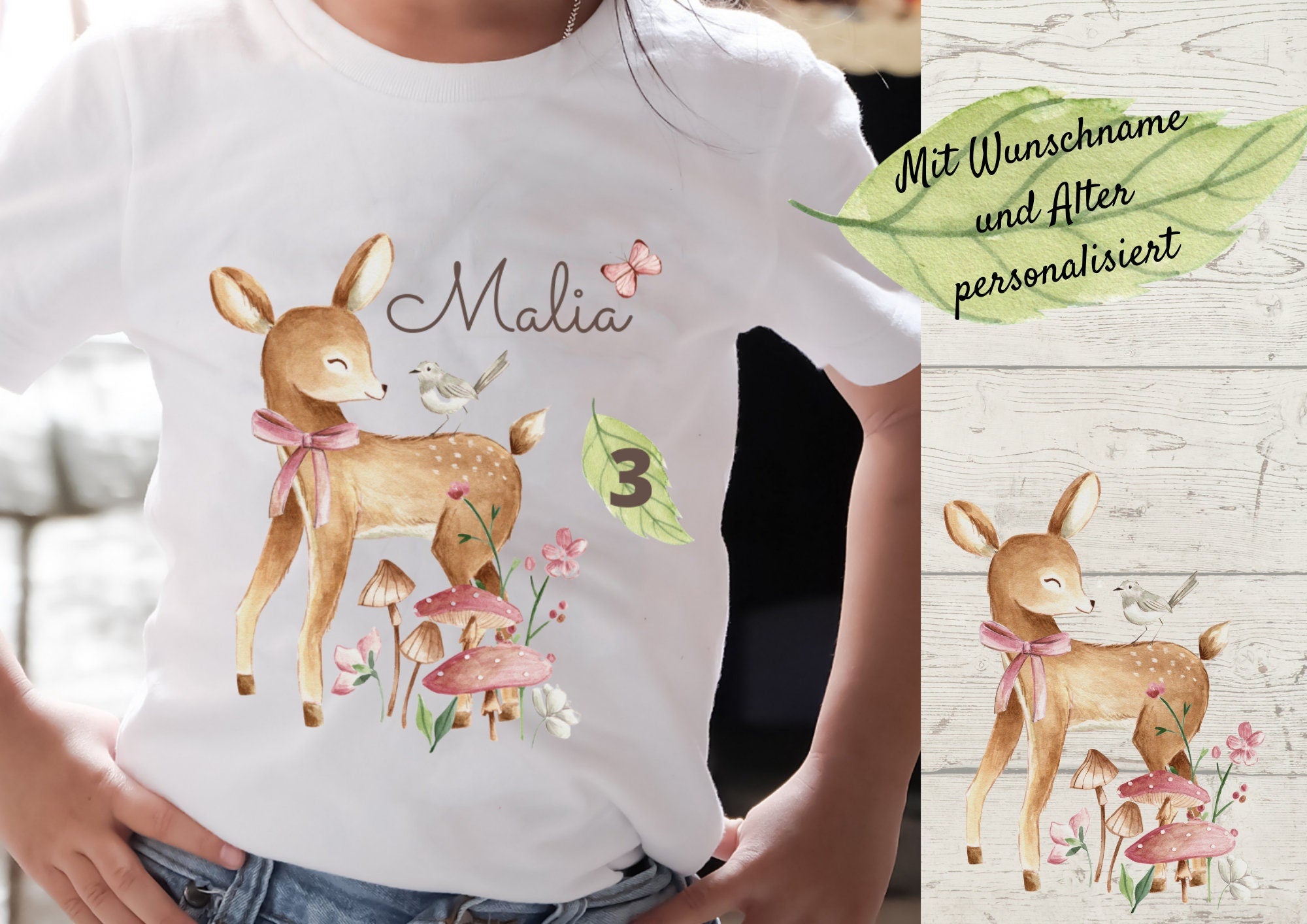 Bügelbild mit Wunschname und Alter personalisiert Reh Waldtiere – Appliques & Patches