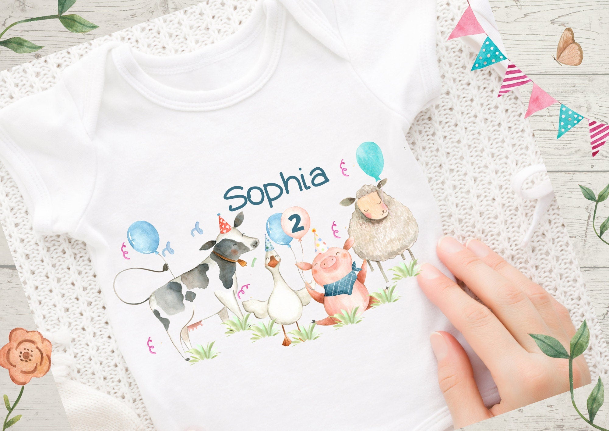 Bügelbild Bauernhof mit Name & Alter – personalisiert – Kuh Schaf Pferd – Geburtstagsshirt – A4/A5 – Appliques & Patches