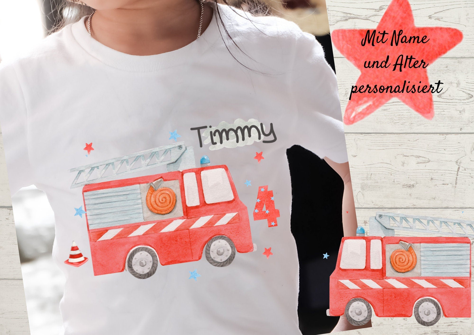 Bügelbild mit Wunschname und Alter personalisiert Feuerwehr Rettungsfahrzeug Tatütata – Appliques & Patches