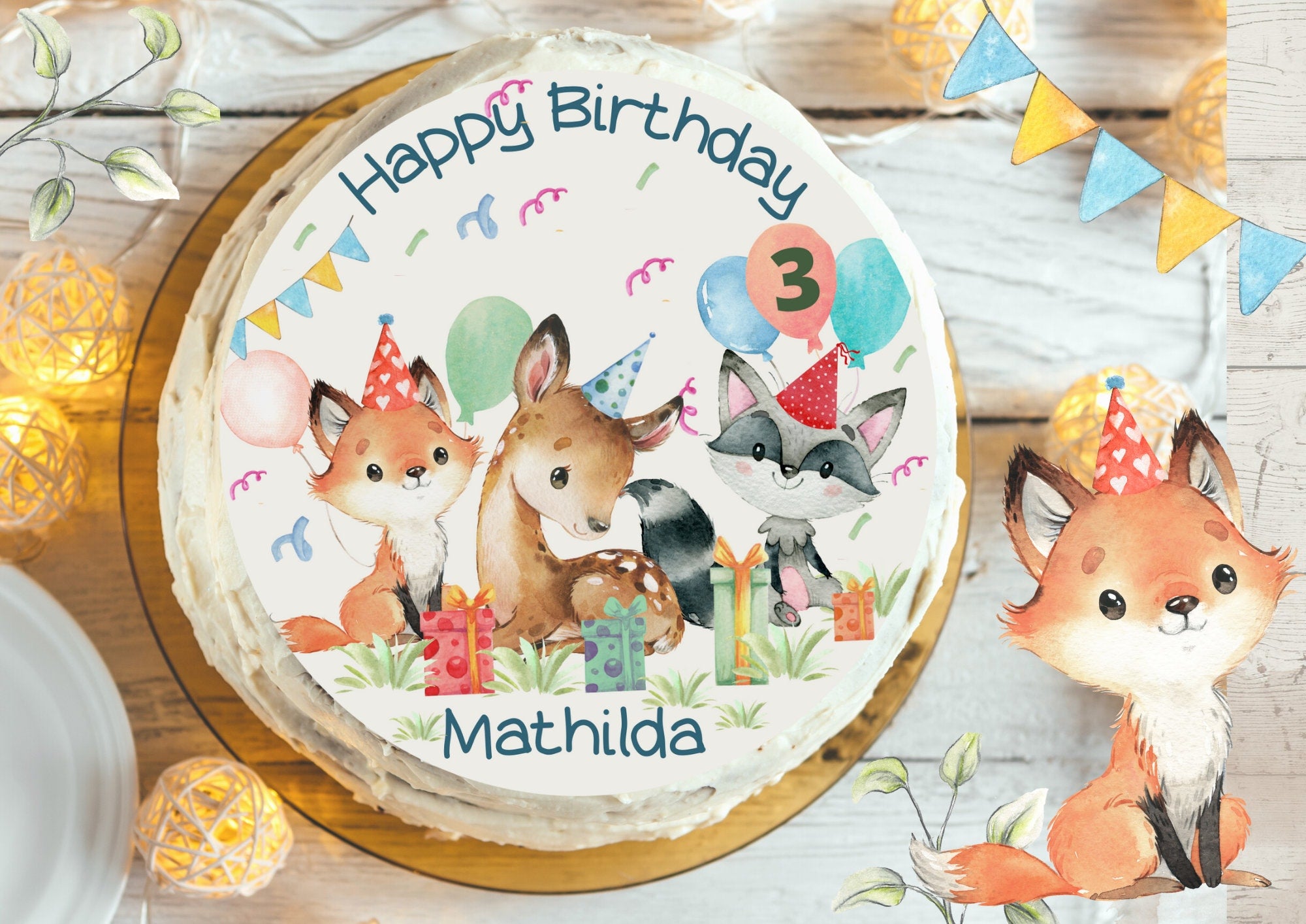 Tortenaufleger Fondant Geburtstag Fuchs Waldtiere – Party Decor