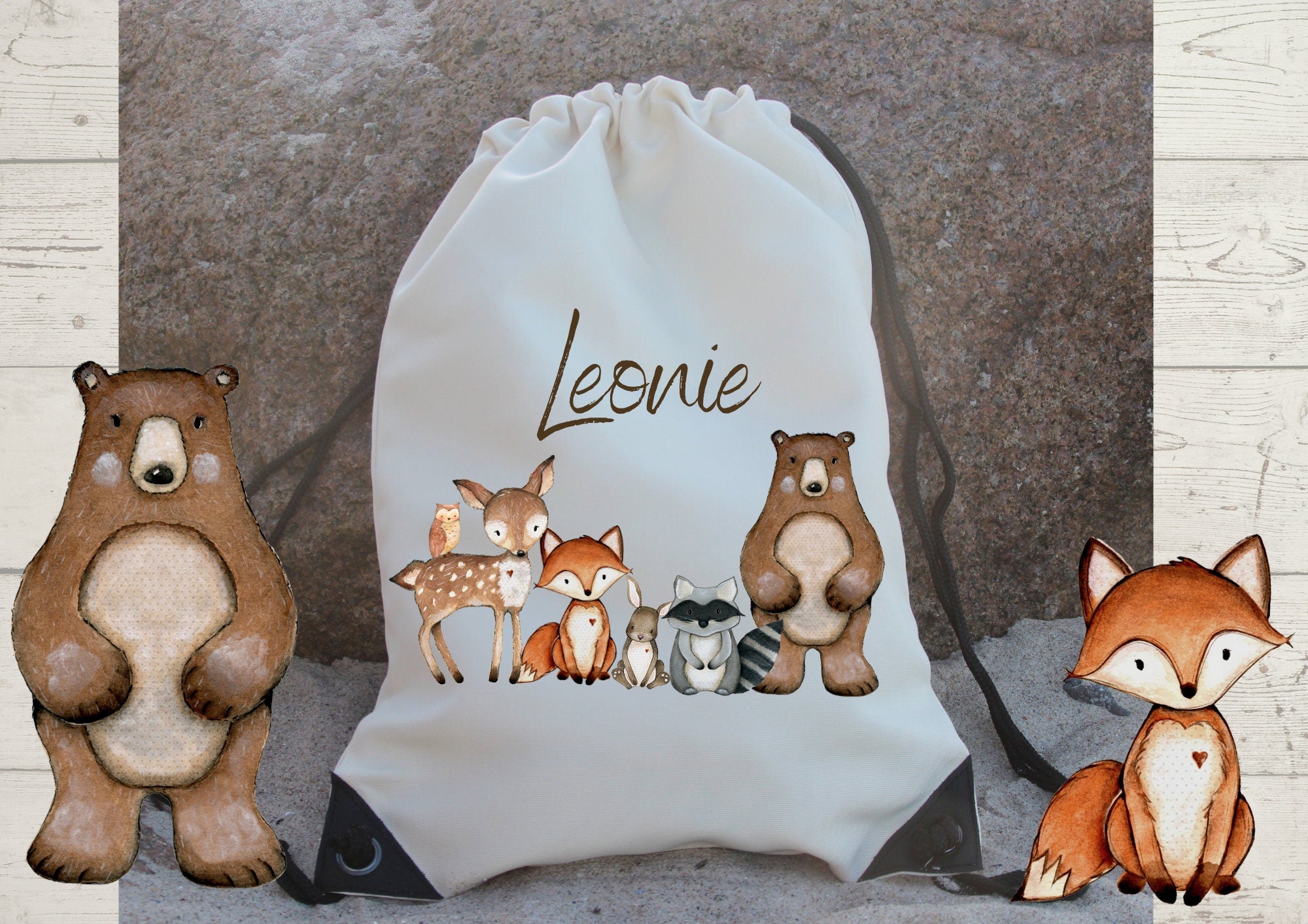 Turnbeutel mit Name personalisiert Waldtiere Fuchs Bär – Team Sports & Gym Bags