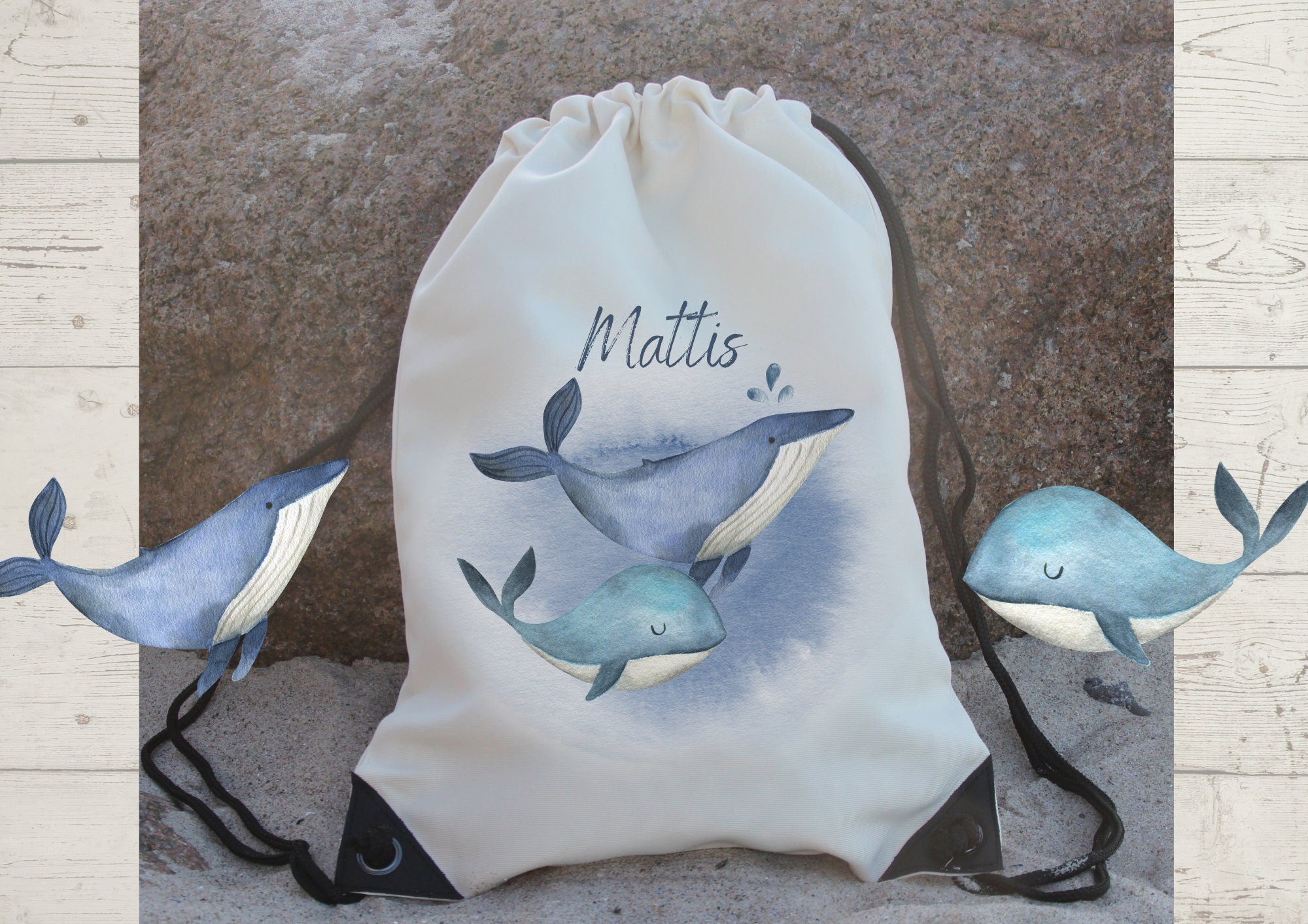 Turnbeutel mit Name personalisiert Wal Meer Maritim – Team Sports & Gym Bags