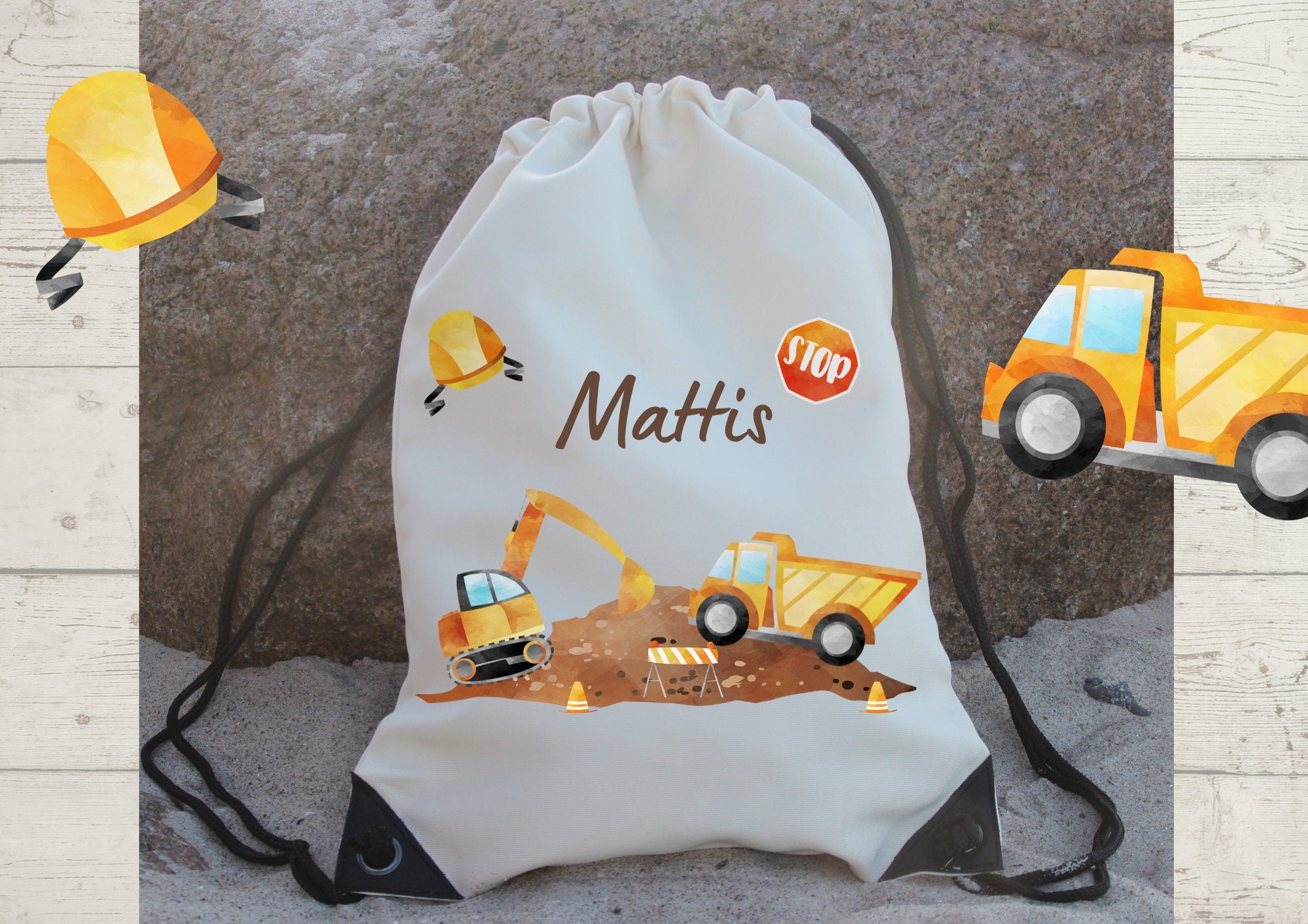 Turnbeutel mit Name personalisiert Bagger Baustelle Radlader – Team Sports & Gym Bags