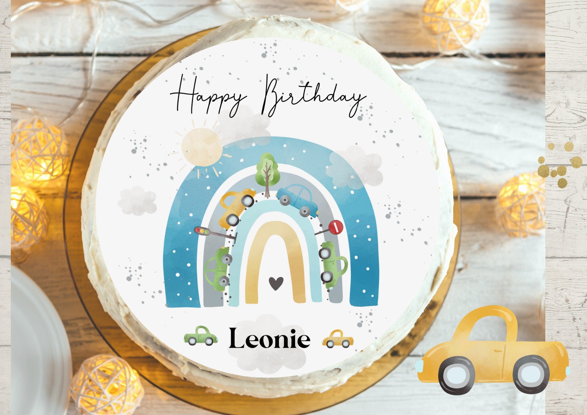 Tortenaufleger Fondant Geburtstag Regenbogen Autos Fahrzeuge – Party Decor