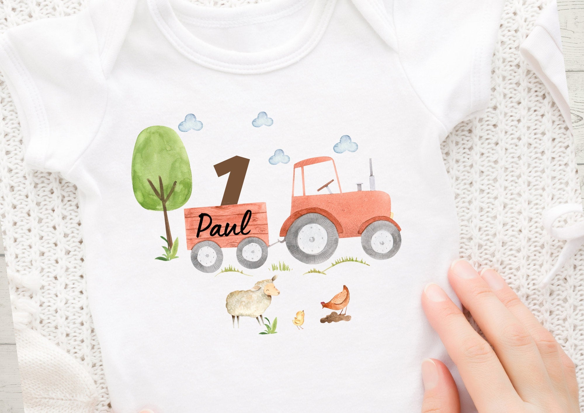 Bügelbild mit Wunschname und Alter personalisiert Traktor Trecker Bauernhof Schaf Huhn Bauernhoftiere – Appliques & Patches
