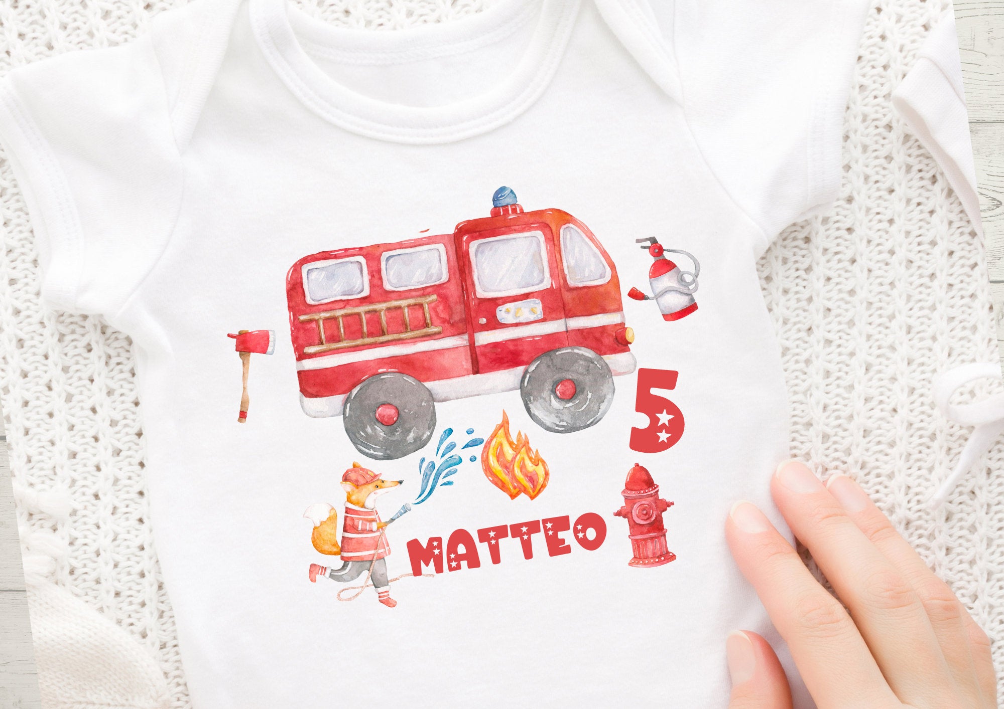 Bügelbild Feuerwehr Fuchs – personalisiert mit Name & Zahl – für 2. Geburtstag n – Motiv Tier Feuerwehrparty – Appliques & Patches