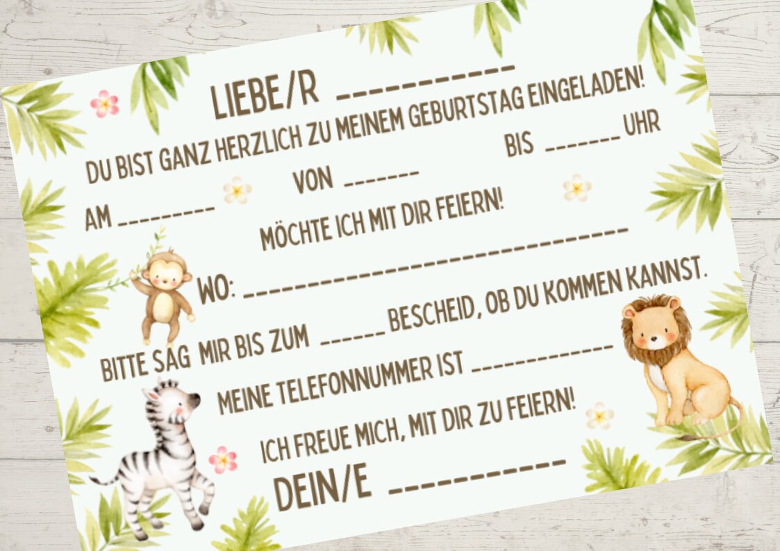 8 Einladungskarten für den geburtstag Dschungel Wild One Löwe Dschungeltiere – Invitations