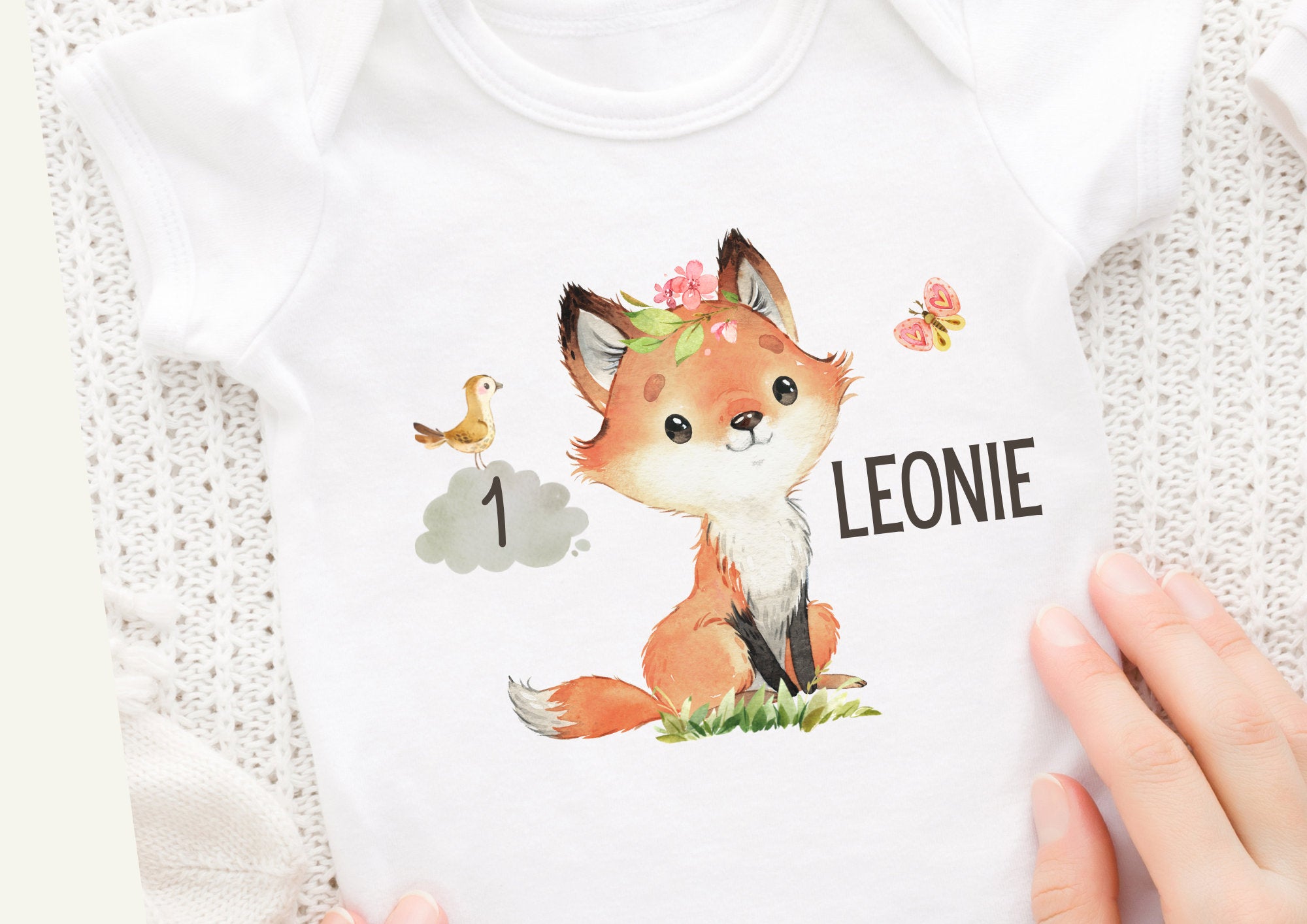 Bügelbild mit Wunschname und Alter personalisiert Fuchs Blumen Waldtiere – Appliques & Patches