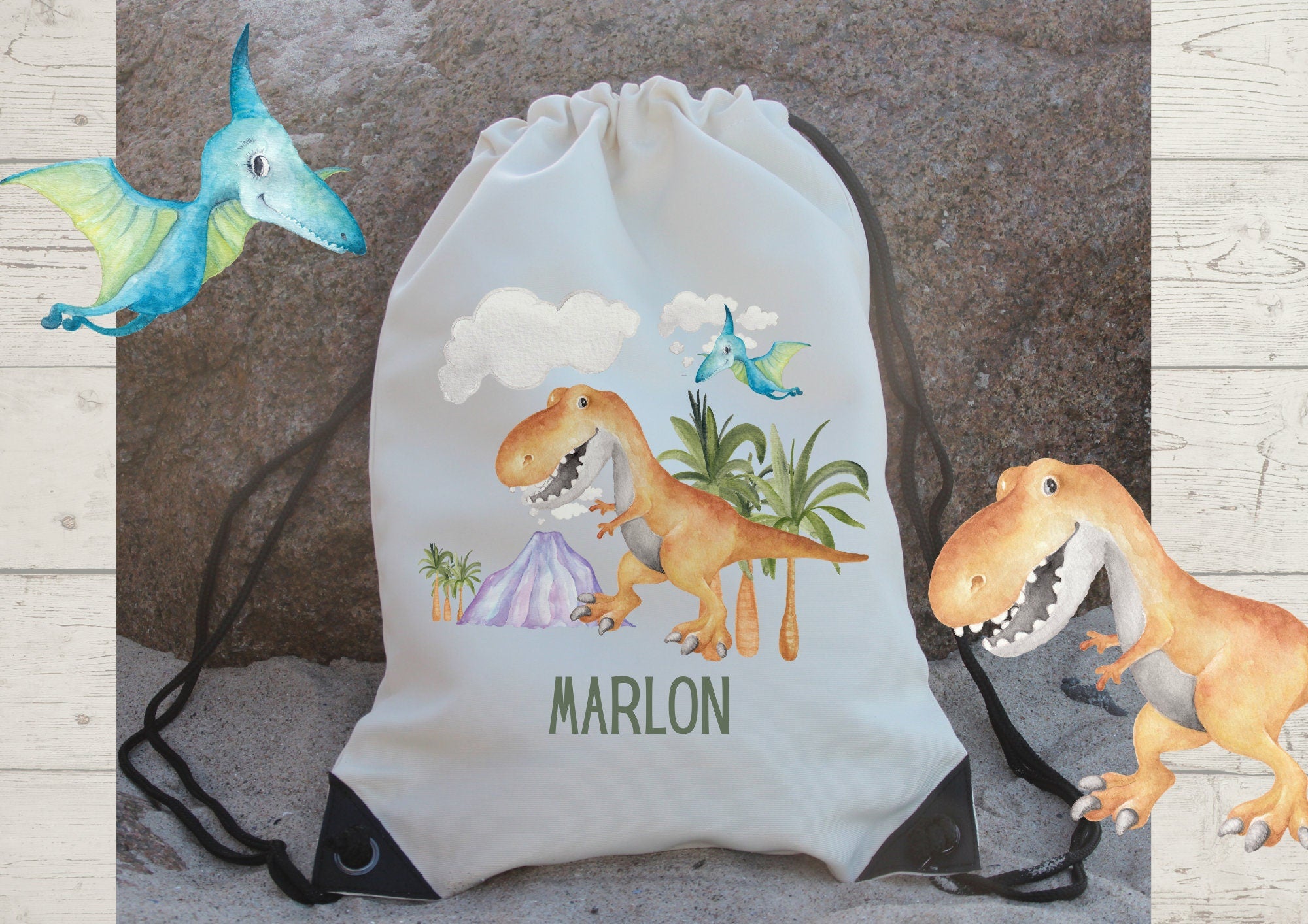 Turnbeutel mit Name personalisiert Dino Dinosaurier T-Rex Tyrannosaurus – Team Sports & Gym Bags