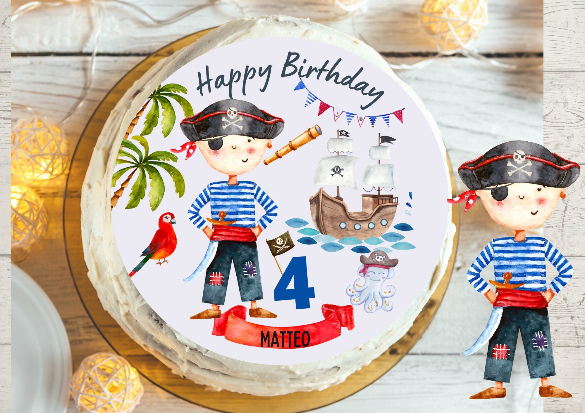 Essbarer Tortenaufleger mit Piratenschiff-Motiv aus Fondant, rund, 20 cm Durchmesser, ideal für Kindergeburtstag oder Piraten-Mottoparty