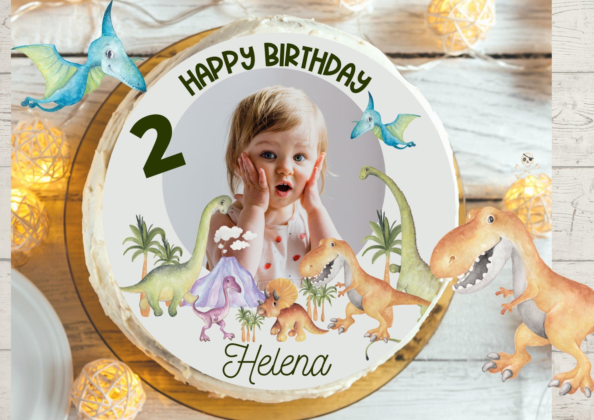 Tortenaufleger Dino mit Foto – personalisiert mit Name & Alter – essbares Tortenbild Ø 20 cm – Geburtstag – Pastell Dinosaurier – Party Decor