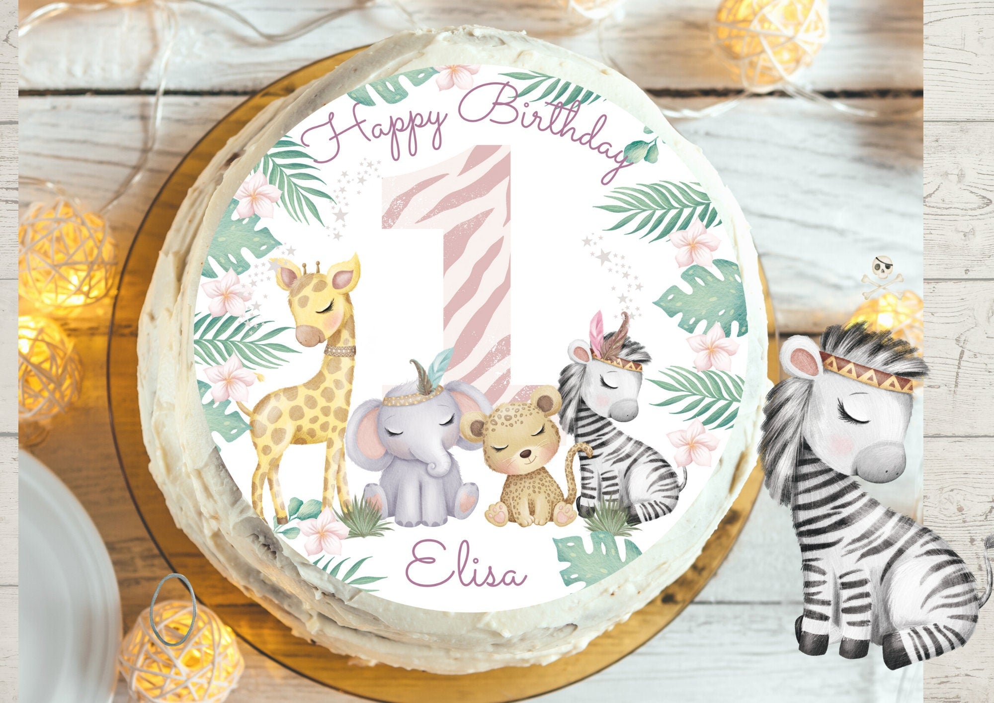 Tortenaufleger Fondant Geburtstag Löwe Elefant Dschungel Safari Safaritiere Wild One – Party Decor