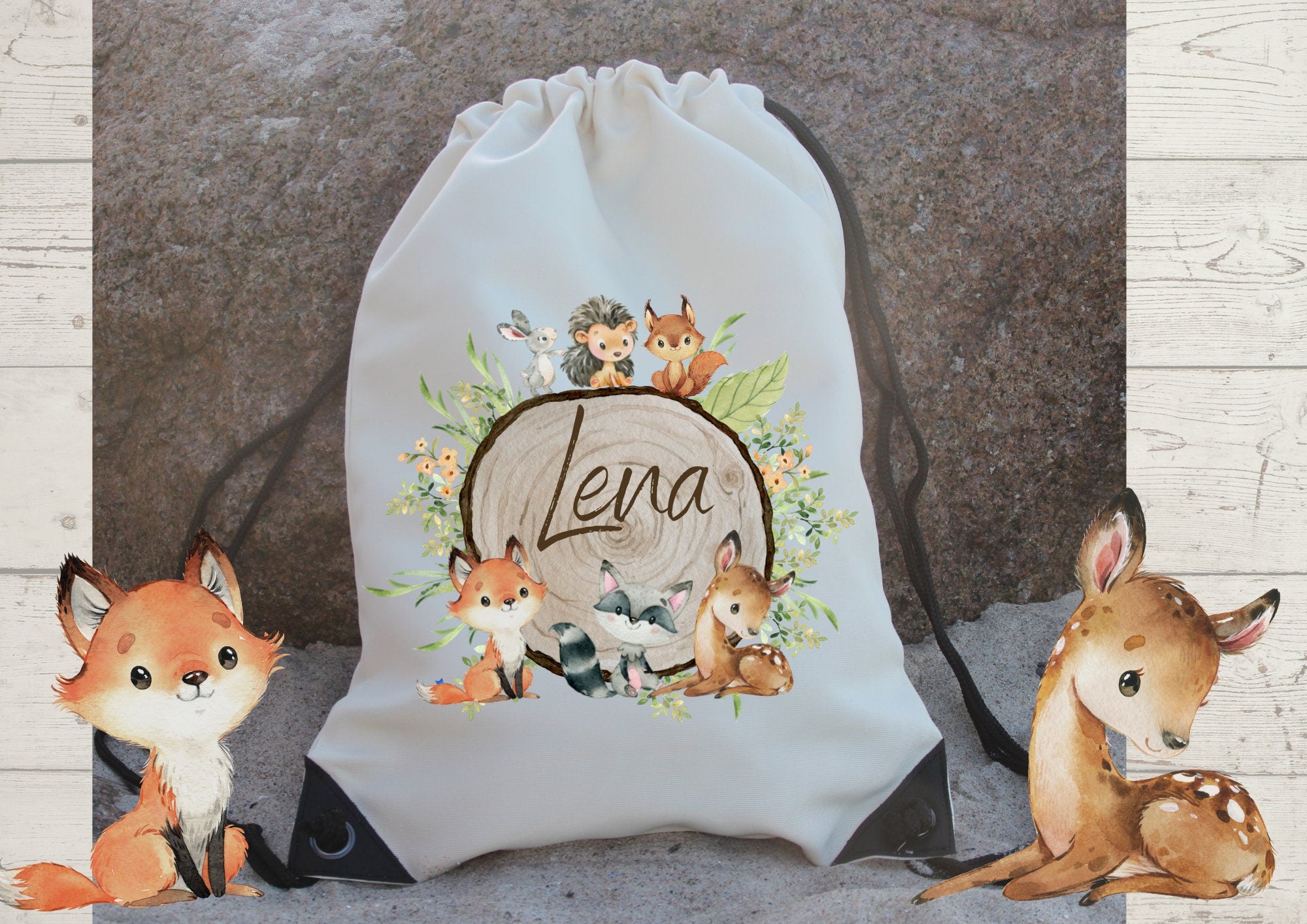 Turnbeutel mit Name personalisiert Waldtiere Fuchs Reh Hase – Team Sports & Gym Bags