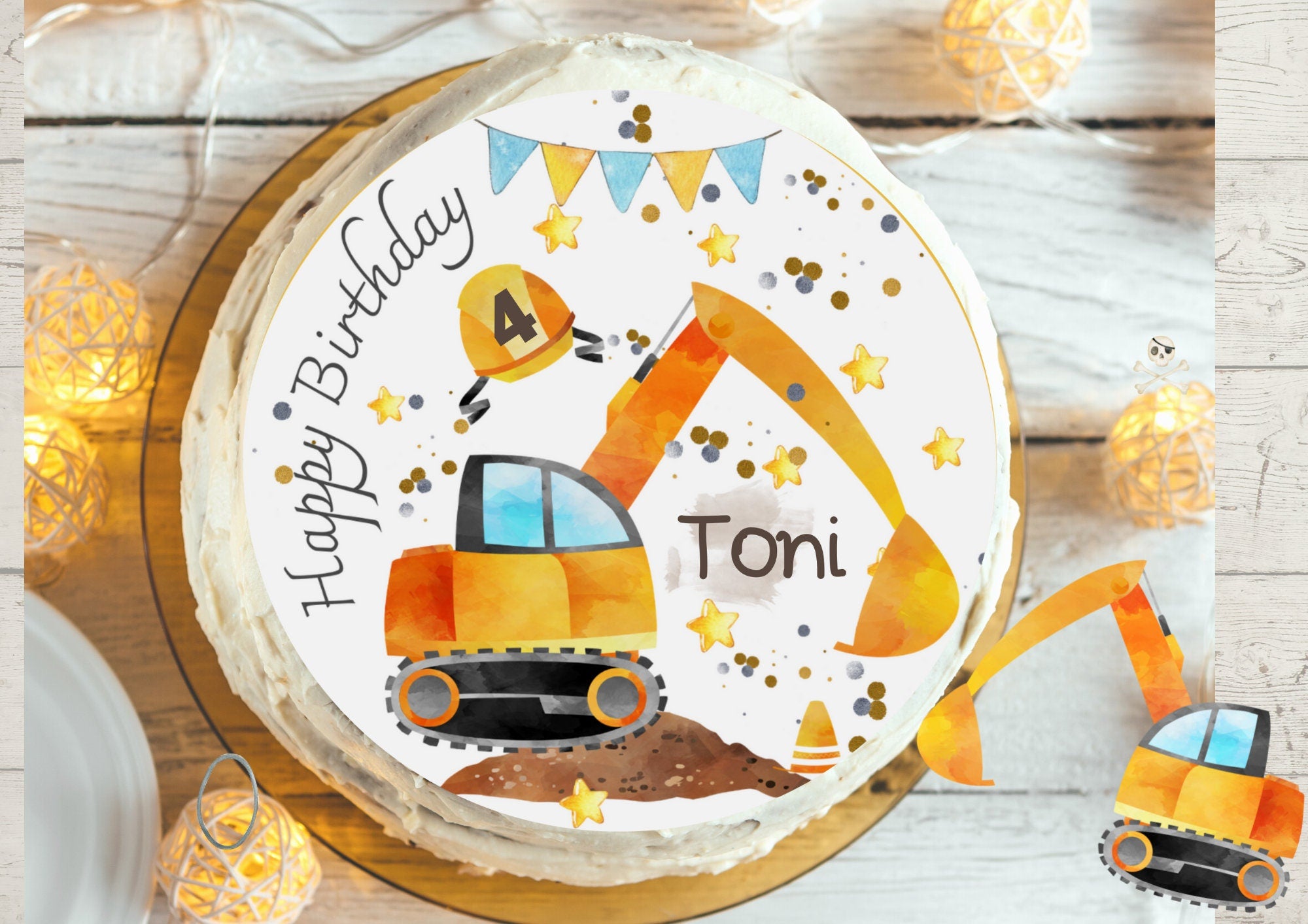 Tortenaufleger Bagger – personalisiert mit Name & Alter – für geburtstag – Baustellen-Motiv – Party Decor