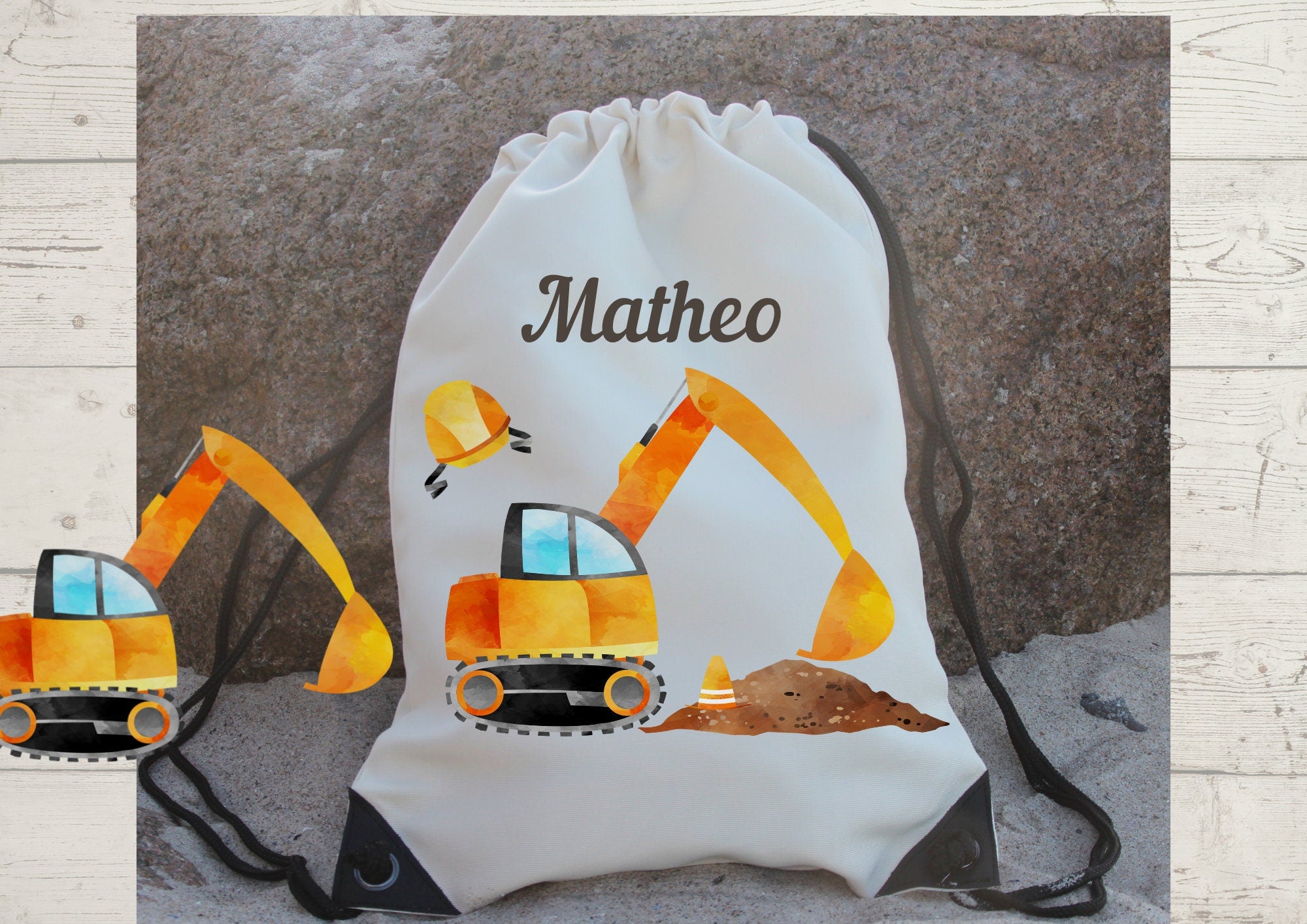 Turnbeutel mit Name personalisiert Bagger Baustelle Radlader – Team Sports & Gym Bags