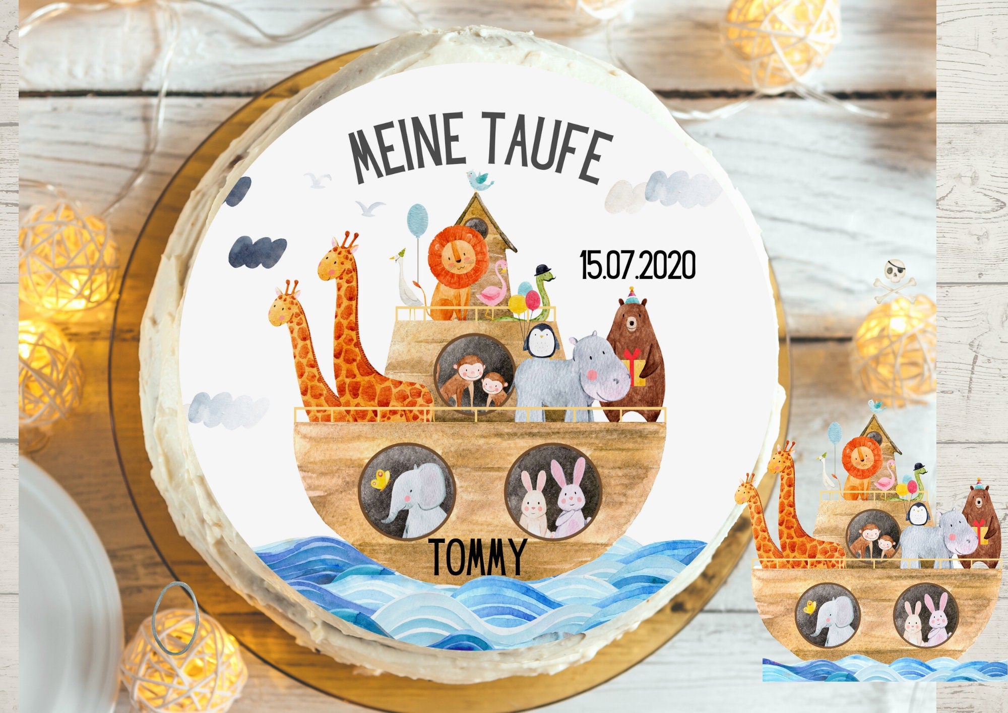 Tortenaufleger Taufe Arche Noah – personalisiert mit Name & Taufdatum – essbarer Fondant Aufleger vegan glutenfrei Ø 20 cm – Party Decor