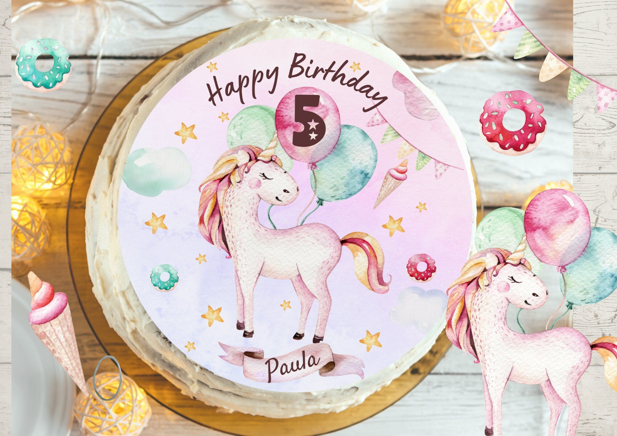 Tortenaufleger Einhorn mit Name & Zahl – Fondantbild Geburtstag – personalisiertes rosa Glitzer Regenbogen Ballons – Party Decor