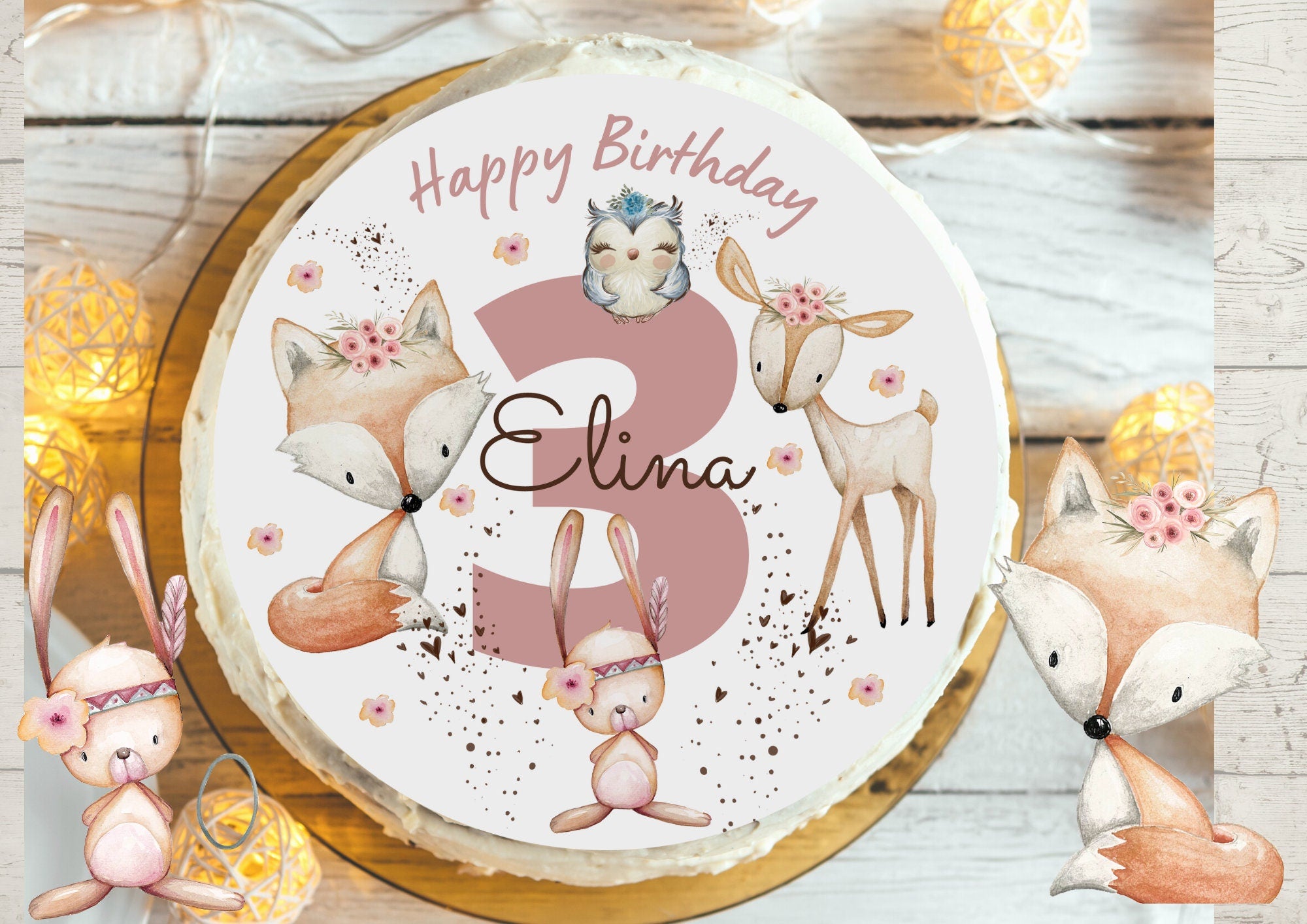 Tortenaufleger rosa Waldtiere personalisiert – Geburtstag – Fondantbild Fuchs Reh Hase – Waldgeburtstag – Party Decor