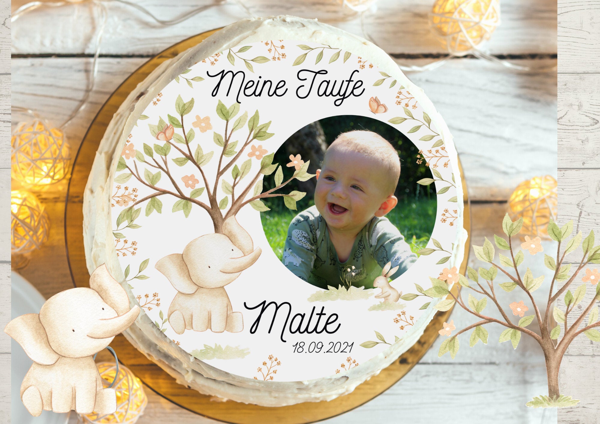 Tortenaufleger für die Taufe mit Foto Lebensbaum Fondant Taufe Elefant – Party Decor