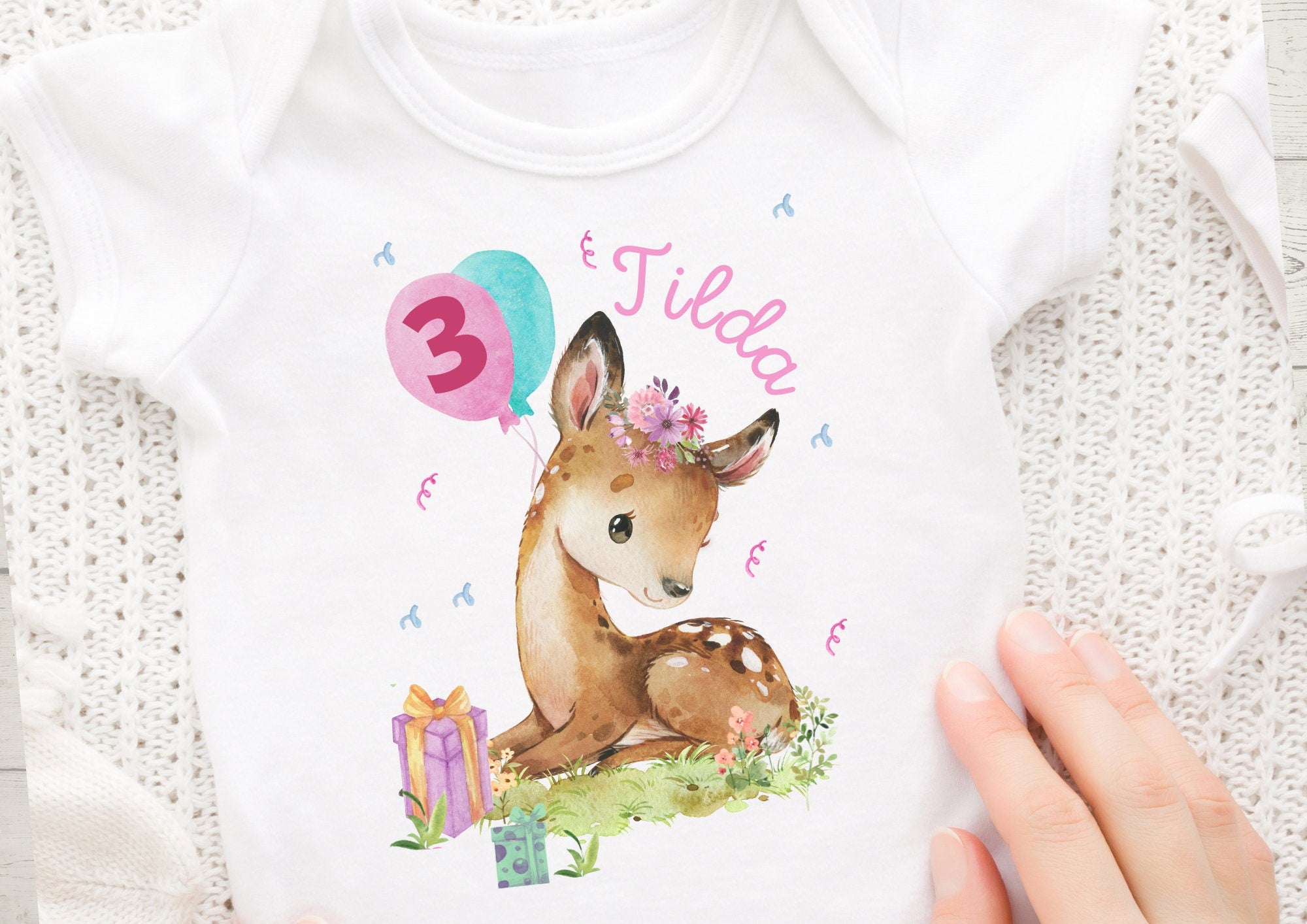 Bügelbild mit Wunschname und Alter personalisiert Reh Waldtiere Geburtstagsshirt Party – Appliques & Patches