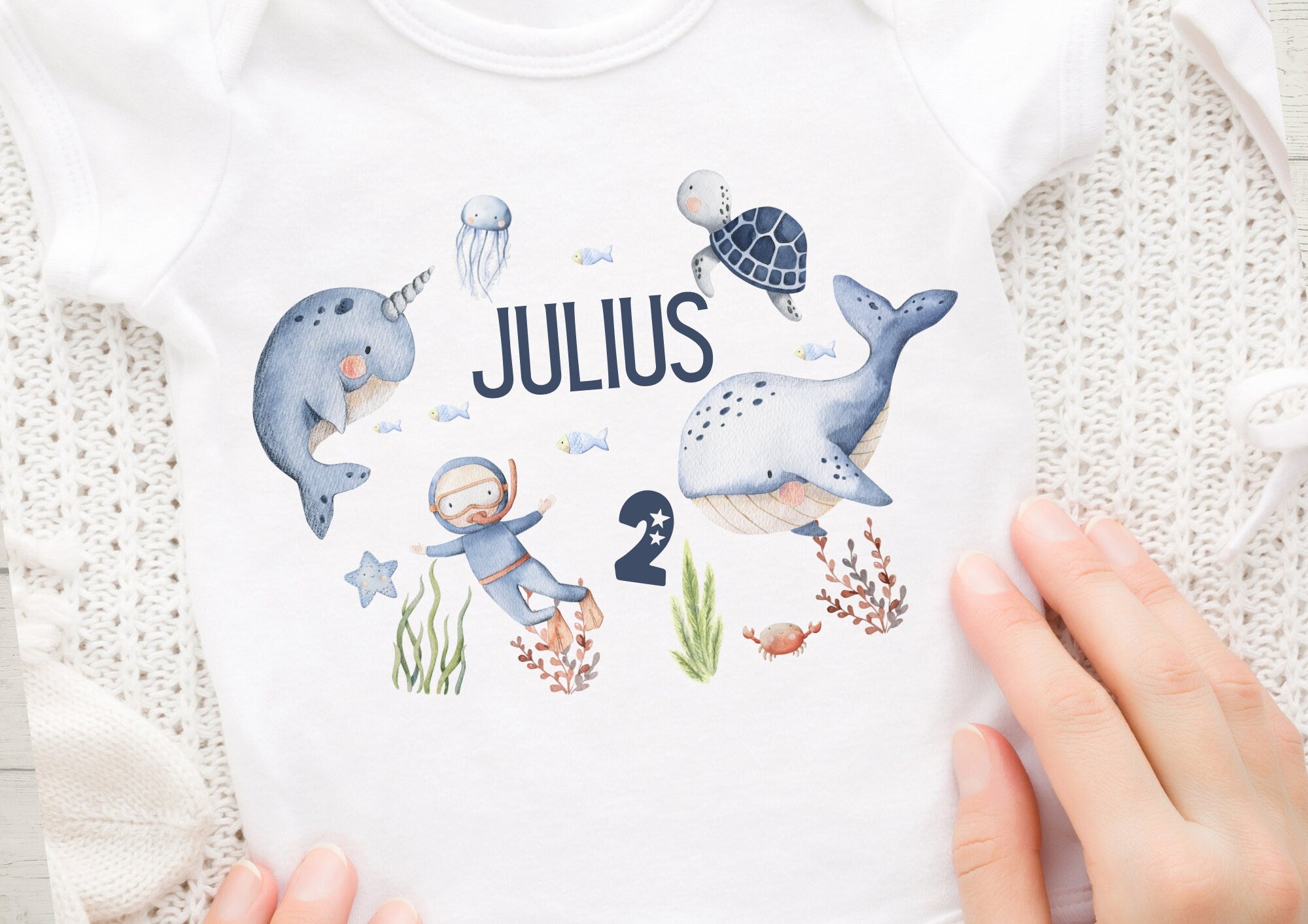 Bügelbild mit Name & Alter personalisiert – Wal Geburtstagsshirt – Meereswelt Maritim Unterwasser Aufbügler für DIY – Appliques & Patches