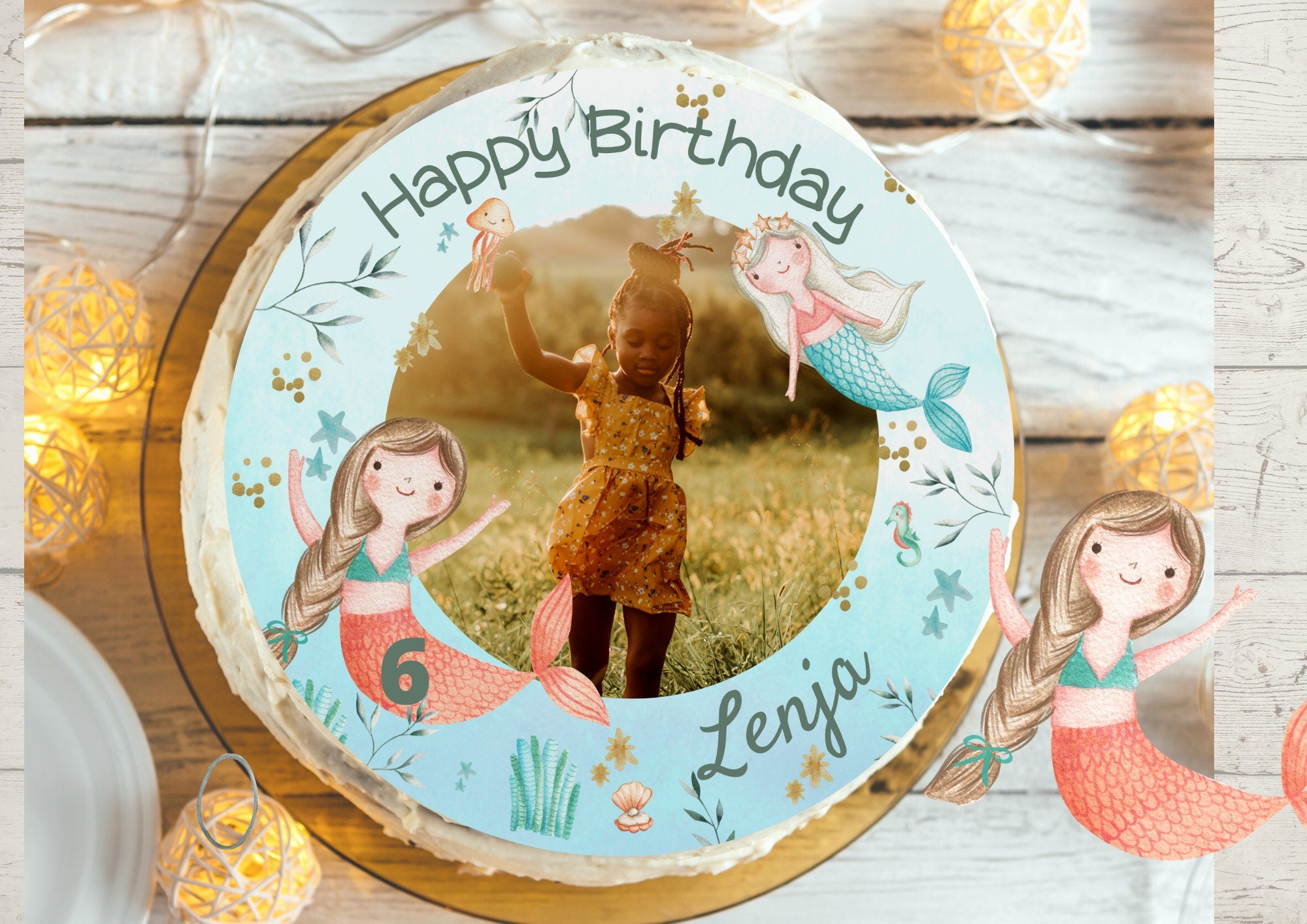 Tortenaufleger Meerjungfrau mit Foto – Fondantbild personalisiert – Geburtstag – rund 20 cm – Unterwasser-Motto – Party Decor