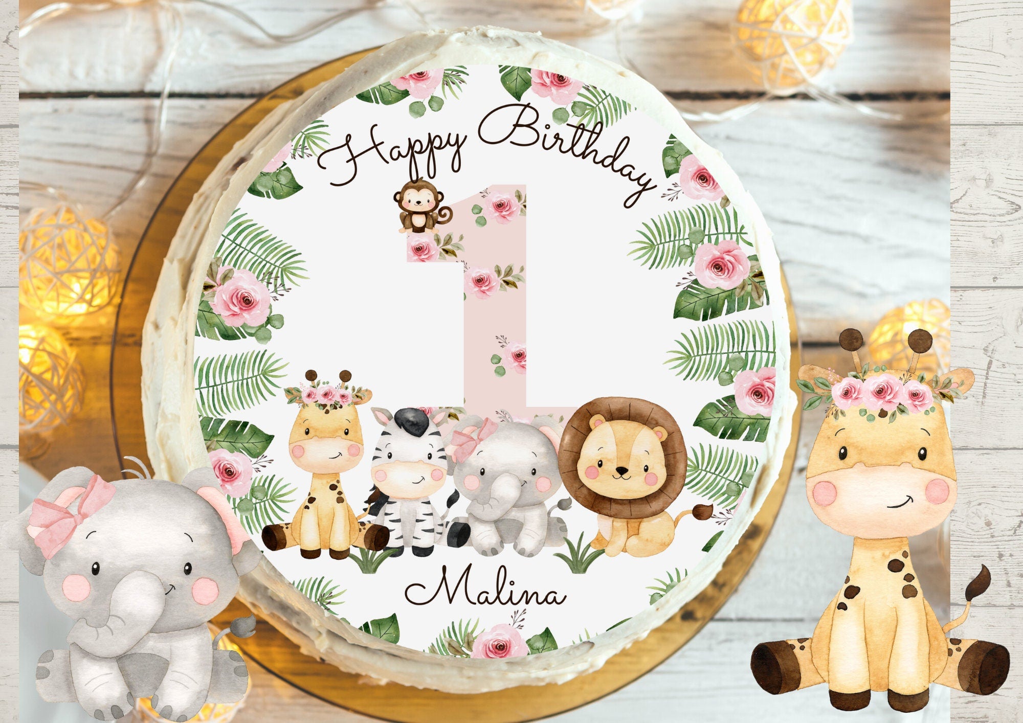 Tortenaufleger Safari Rosa personalisiert – Löwe Elefant Giraffe – Fondant Geburtstag Wild One – Party Decor