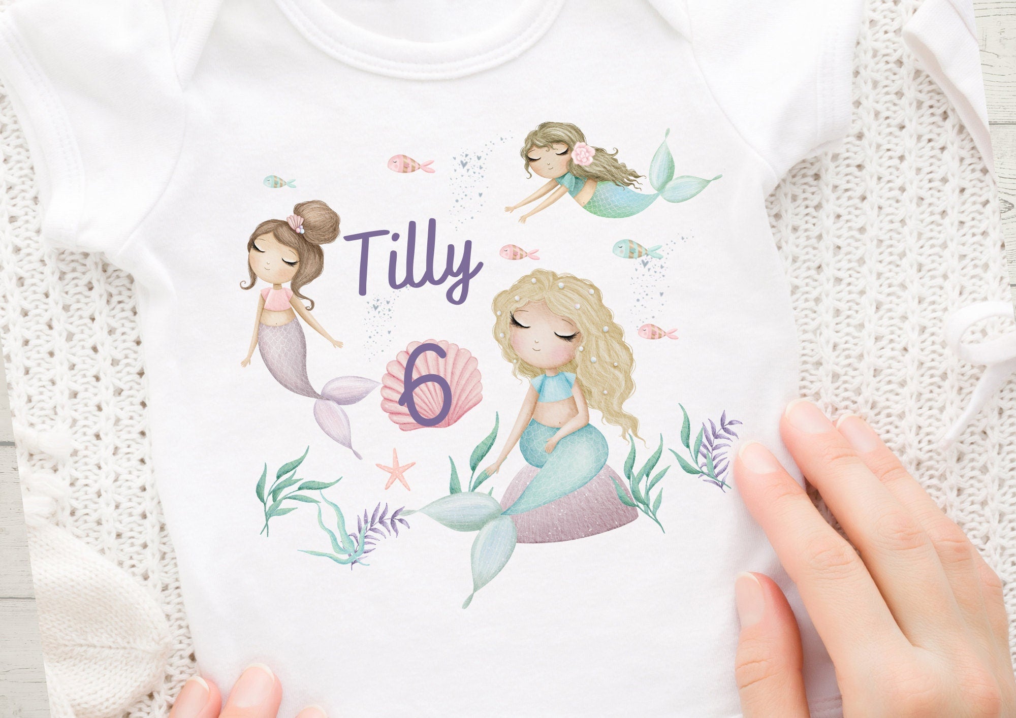 Bügelbild mit Wunschname und Alter personalisiert Meerjungfrau Nixe Unterwasser Meer – Appliques & Patches