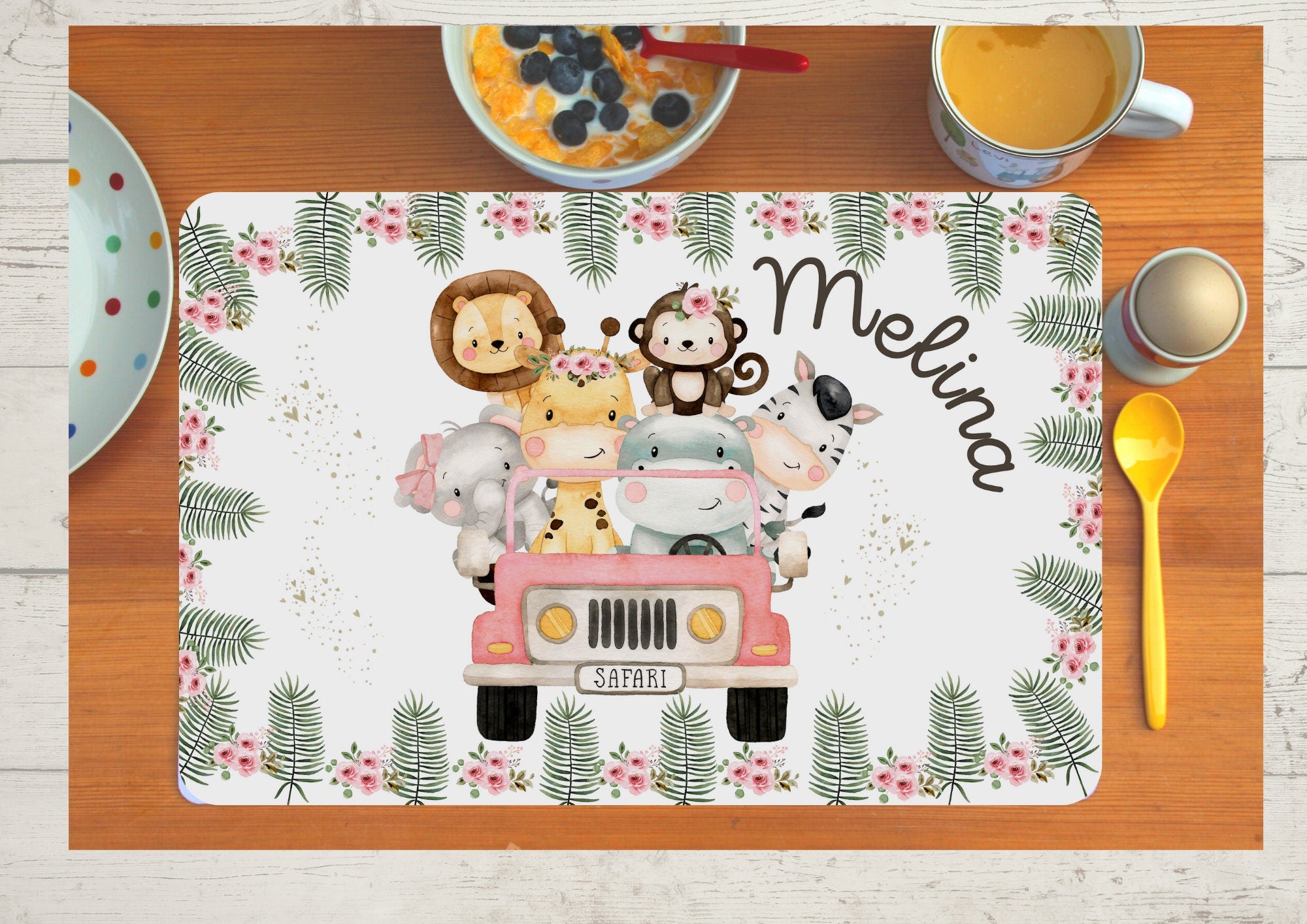 Platzdeckchen mit Name Dschungeltiere Safaritiere Löwe Zebra Giraffe – Placemats