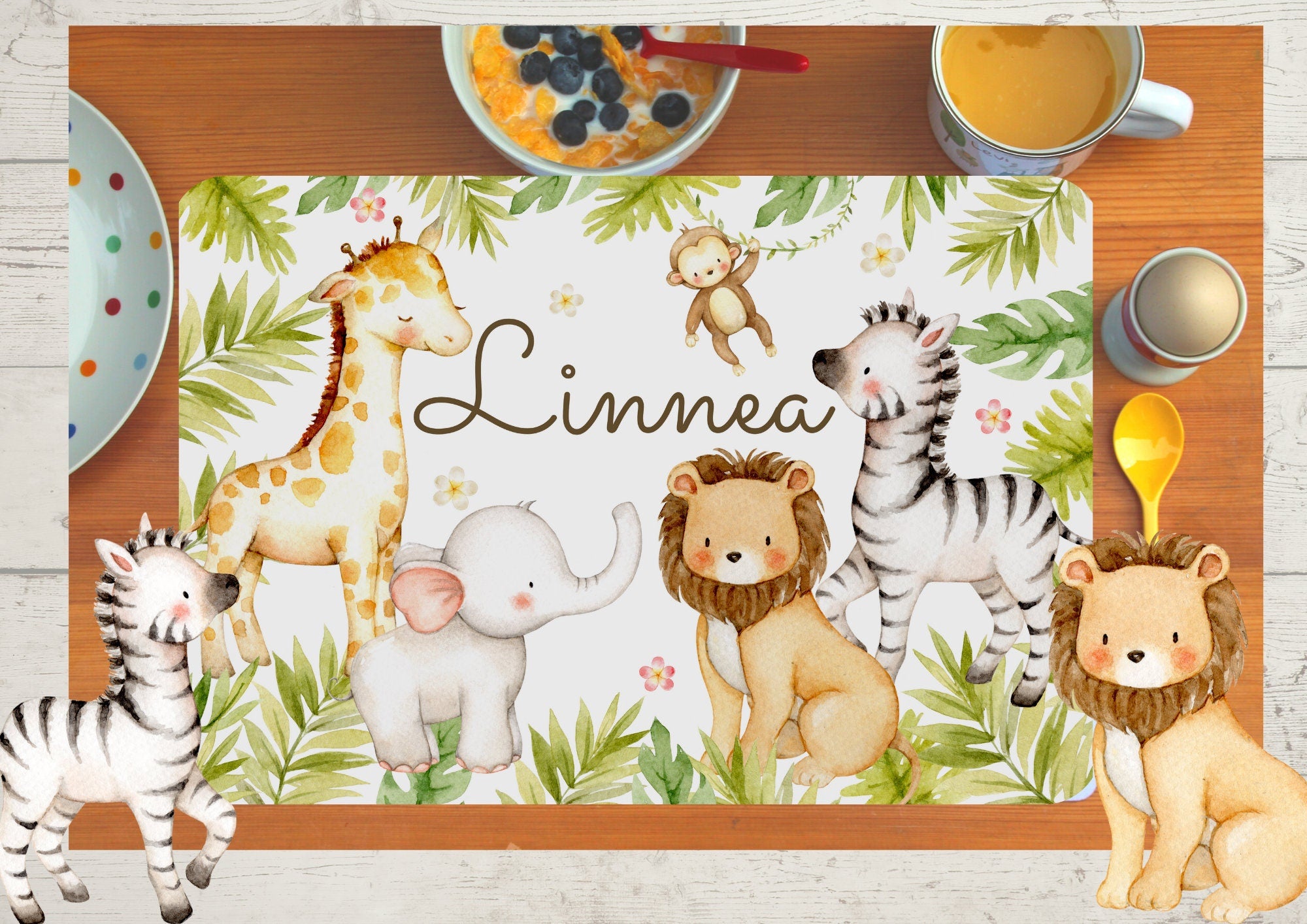 Platzdeckchen mit Name Dschungeltiere Safaritiere Löwe Zebra Giraffe – Placemats