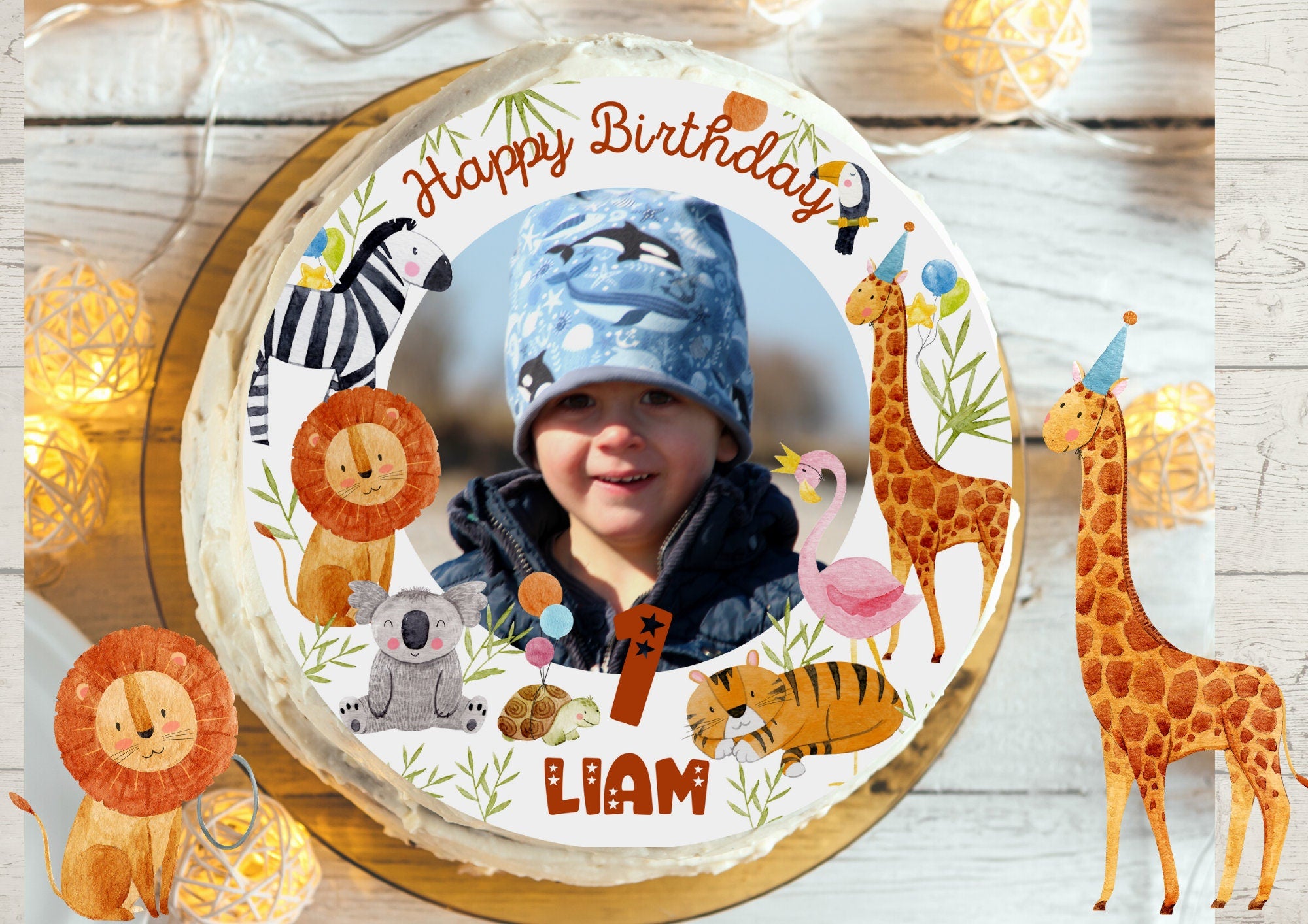 Tortenaufleger mit Foto Fondant Geburtstag Löwe Dschungel Dschungelgeburtstag Giraffe Löwe Koala – Party Decor