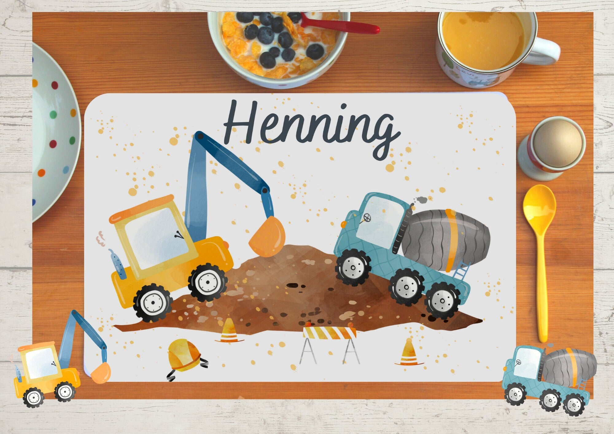 Platzdeckchen mit Name Baustelle Bagger Radlader Baufahrzeuge – Placemats
