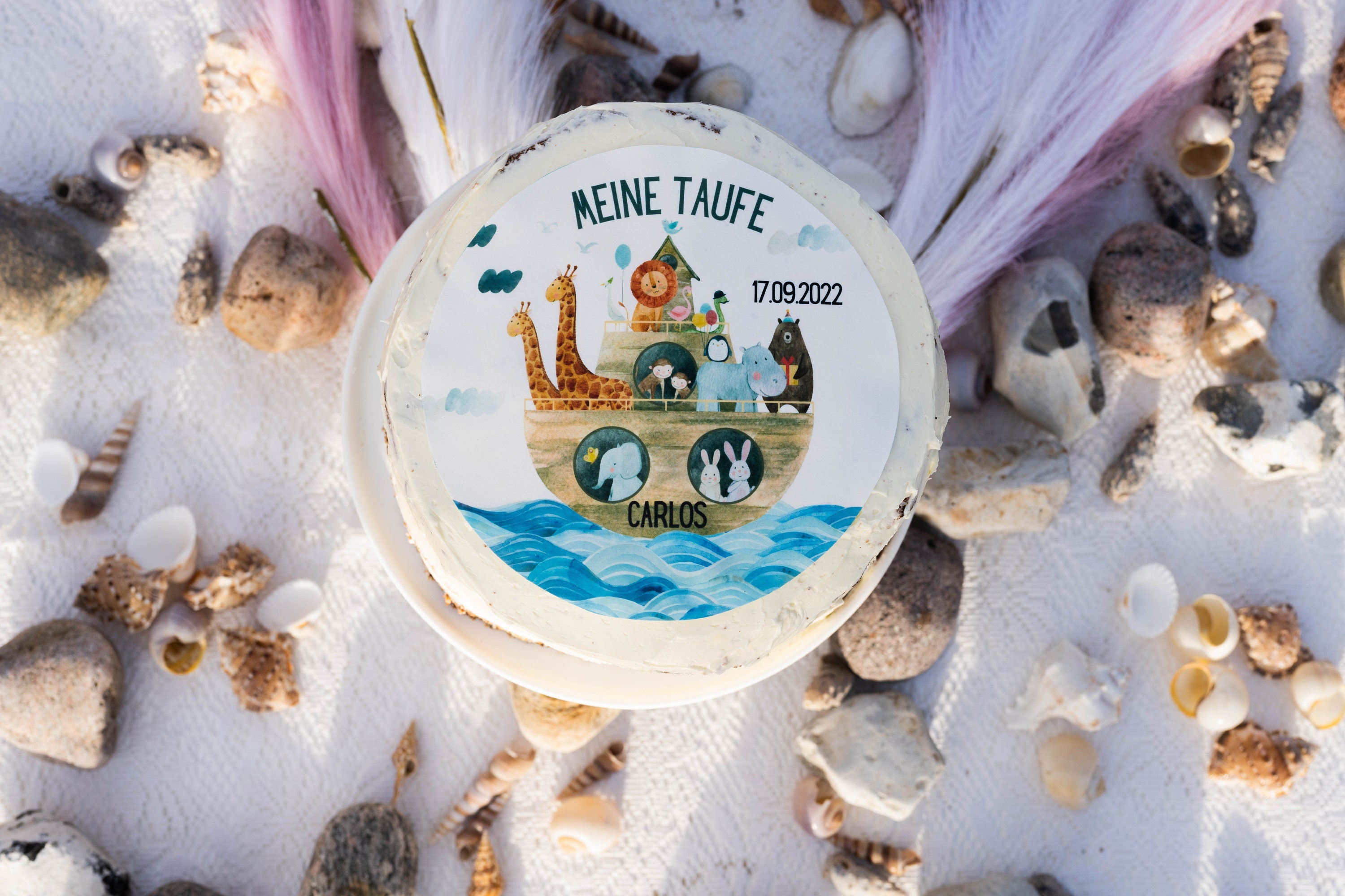 Tortenaufleger Taufe Arche Noah – personalisiert mit Name & Taufdatum – essbarer Fondant Aufleger vegan glutenfrei Ø 20 cm – Party Decor