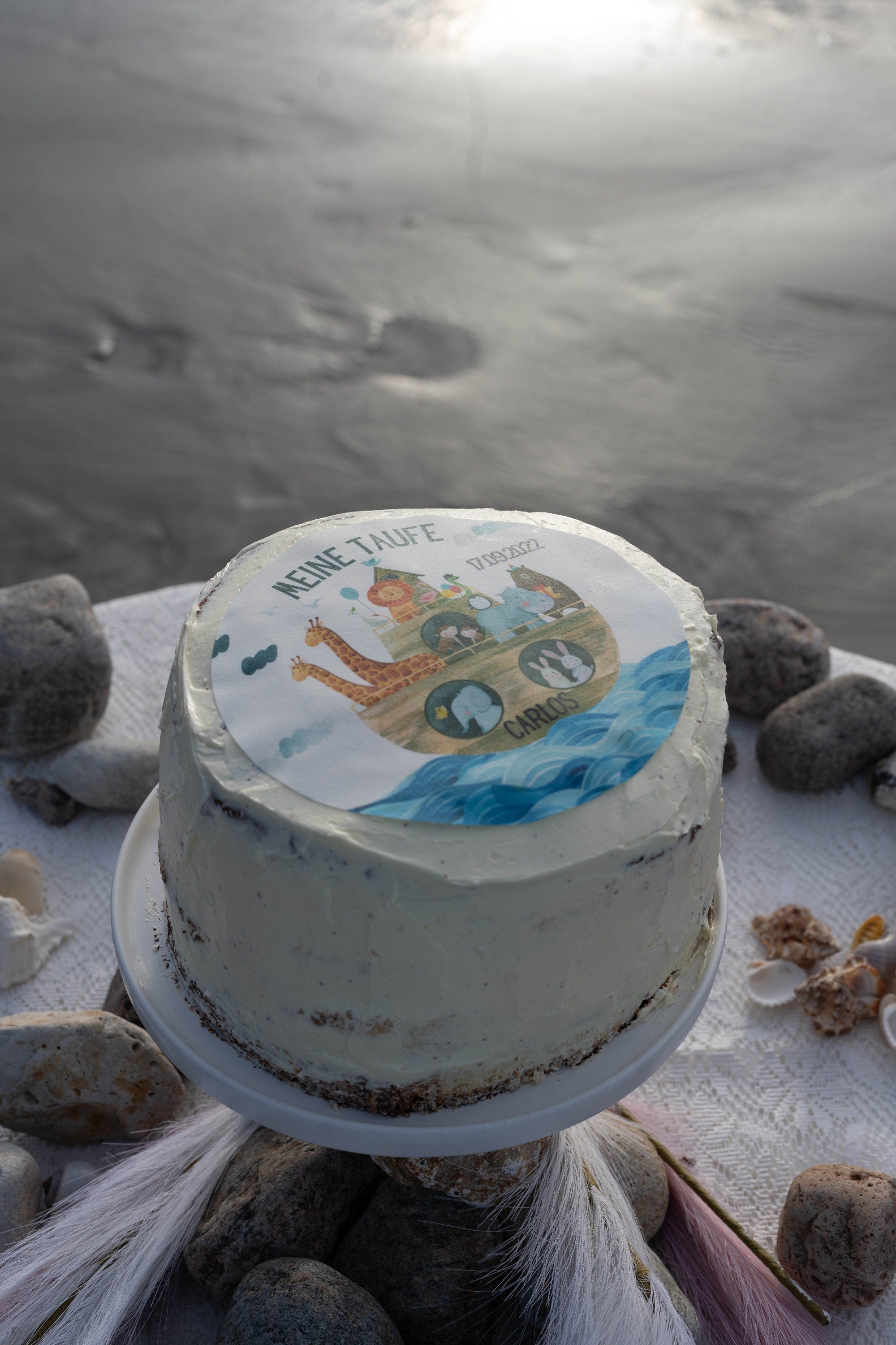 Tortenaufleger Taufe Arche Noah – personalisiert mit Name & Taufdatum – essbarer Fondant Aufleger vegan glutenfrei Ø 20 cm – Party Decor
