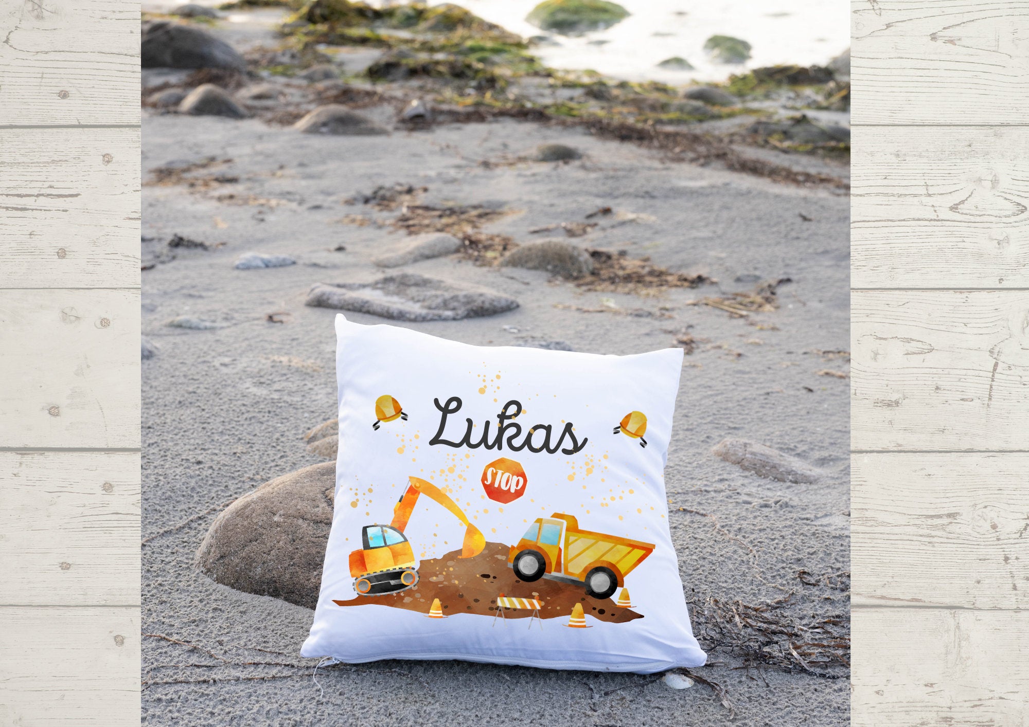 Kissenbezug mit Name personalisiert Bagger Radlader Baustelle Bauarbeiter – Pillowcases