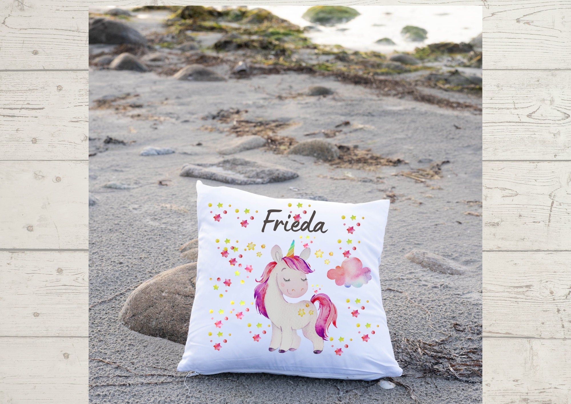 Kissenbezug mit Name personalisiert Einhorn Sterne Glitzer – Pillowcases