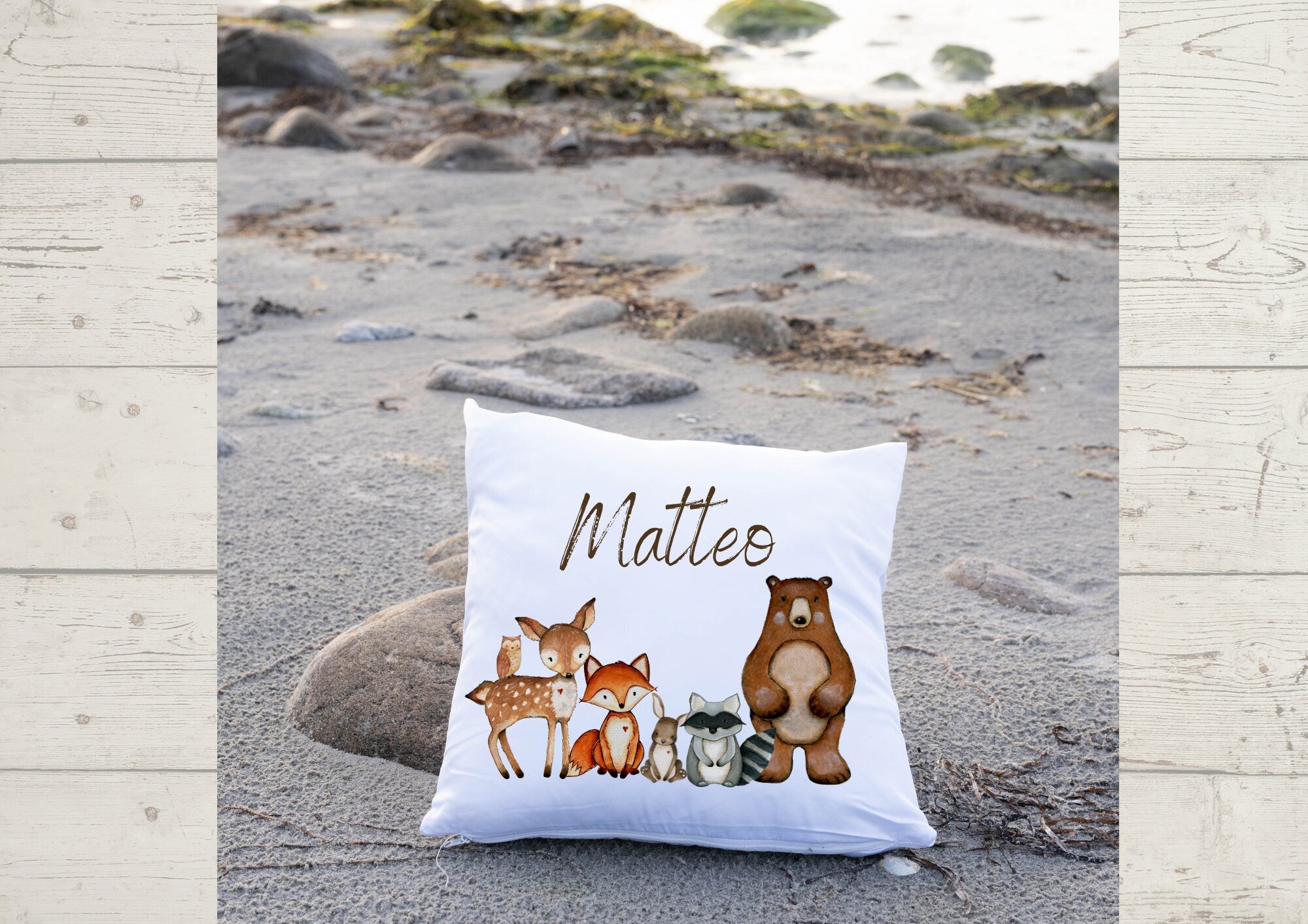 Kissenbezug mit Name personalisiert Waldtiere Fuchs Bär Hase – Pillowcases