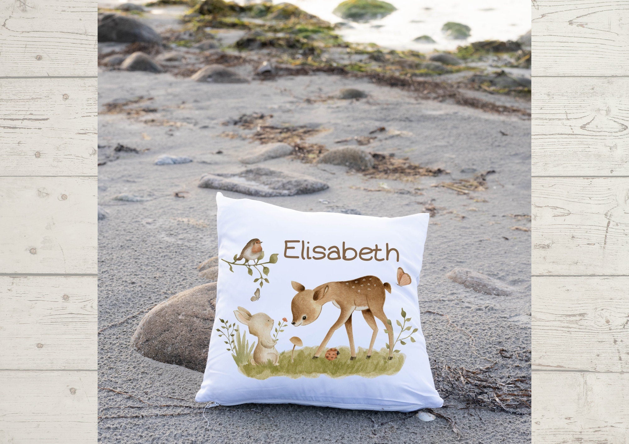 Kissenbezug mit Name Geschenk personalisiert Reh Hase Waldtiere – Pillowcases