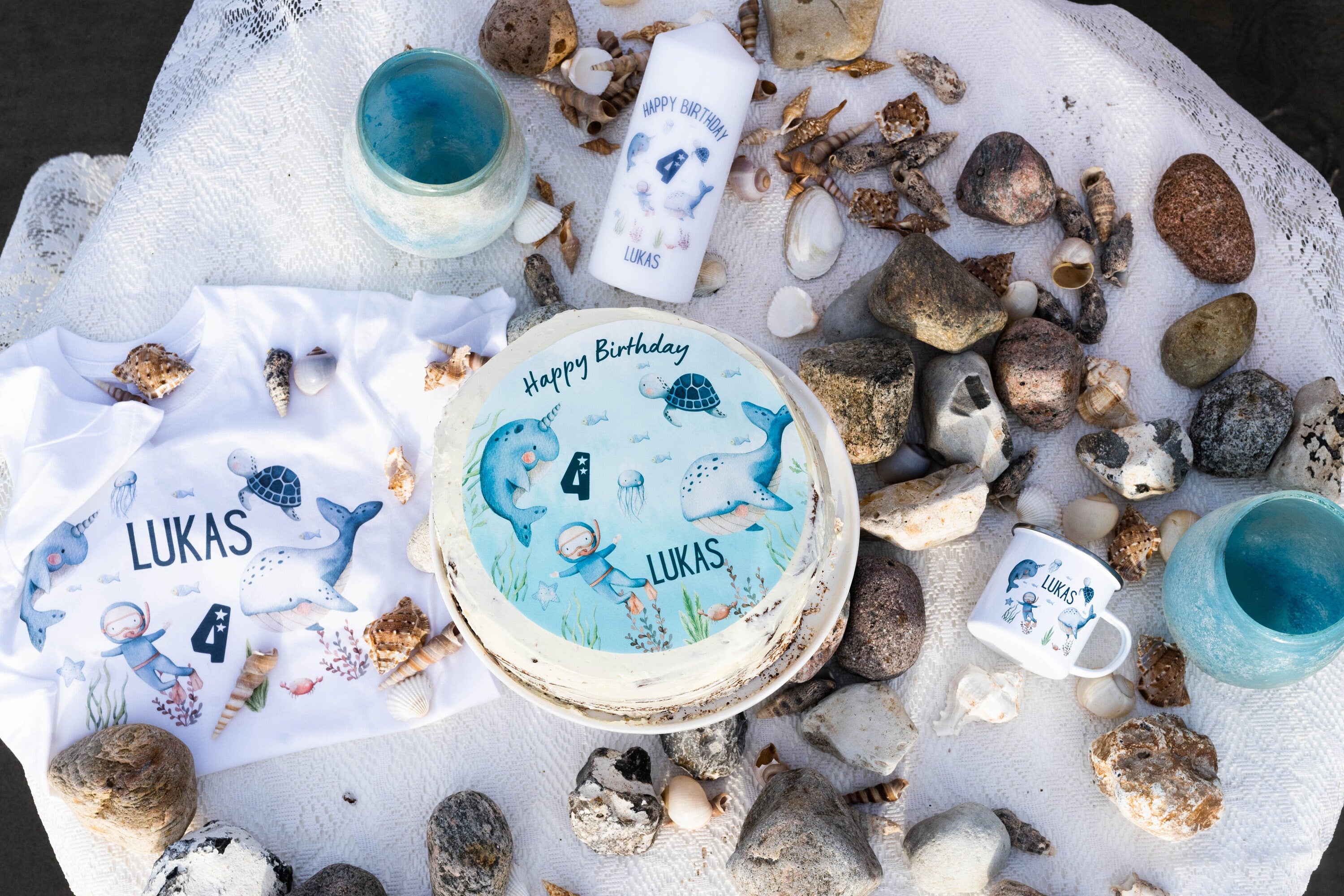 Tortenaufleger Unterwasser personalisiert – Fondantbild Wal Schildkröte Narwal – mit Name & Zahl – Ozean Geburtstagskuchen – Party Decor
