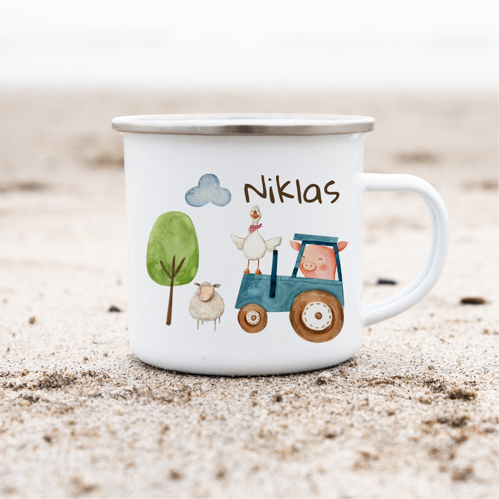 Emailletasse mit Namen personalisiert Traktor Trecker Bauernhof – Mugs