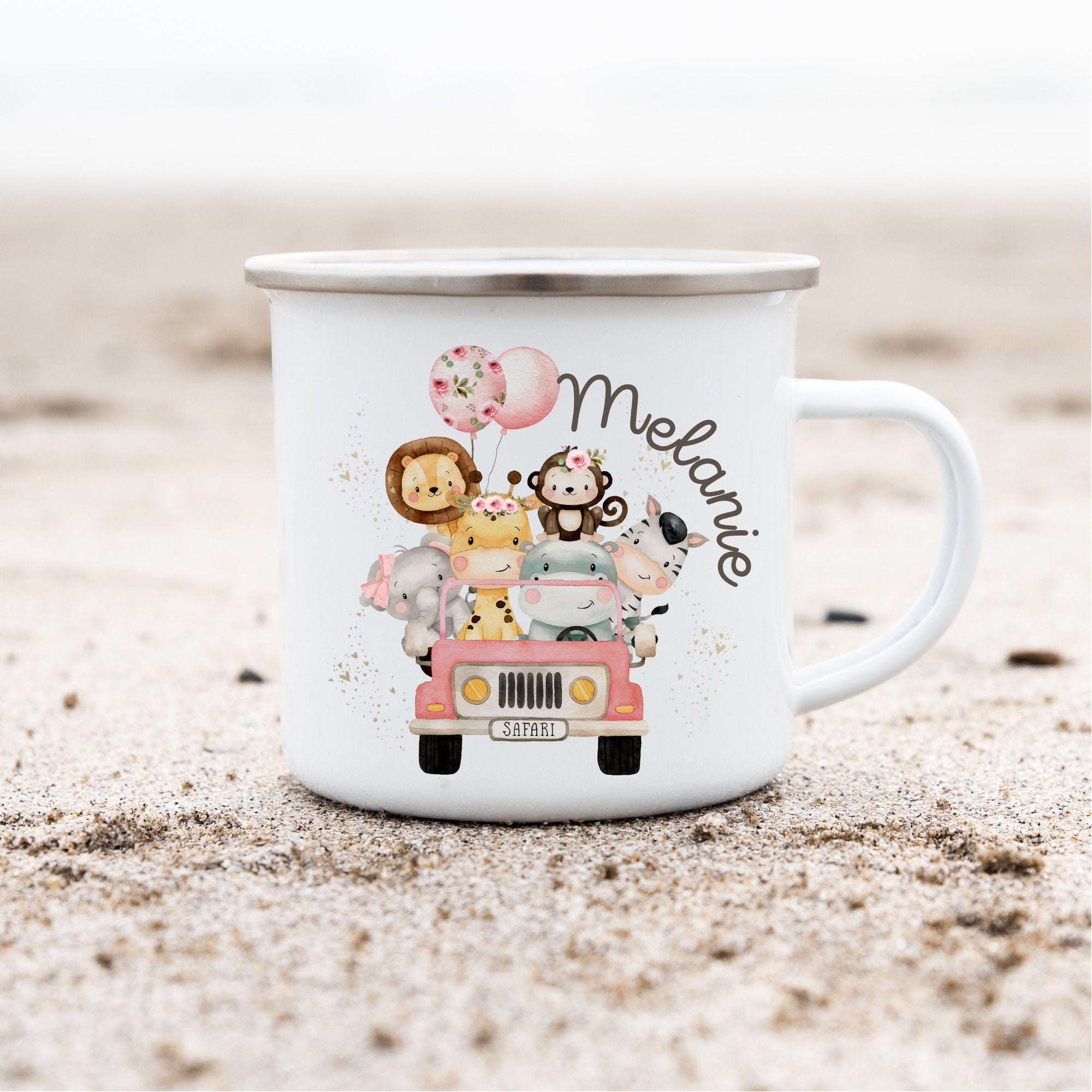 Emailletasse mit Namen personalisiert Dschungel Löwe Elefant Tiger Safari Safaritiere – Mugs