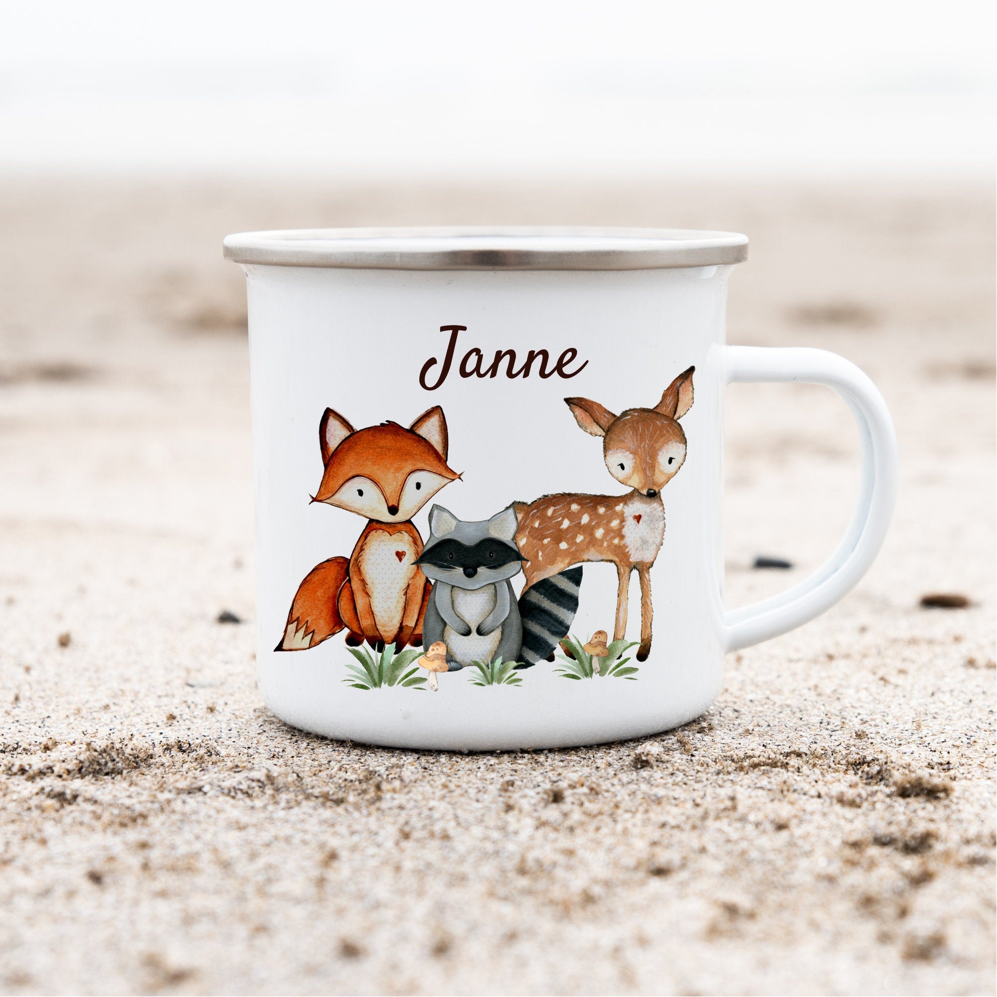 Emailletasse mit Namen personalisiert Waldtiere Fuchs Reh – Mugs