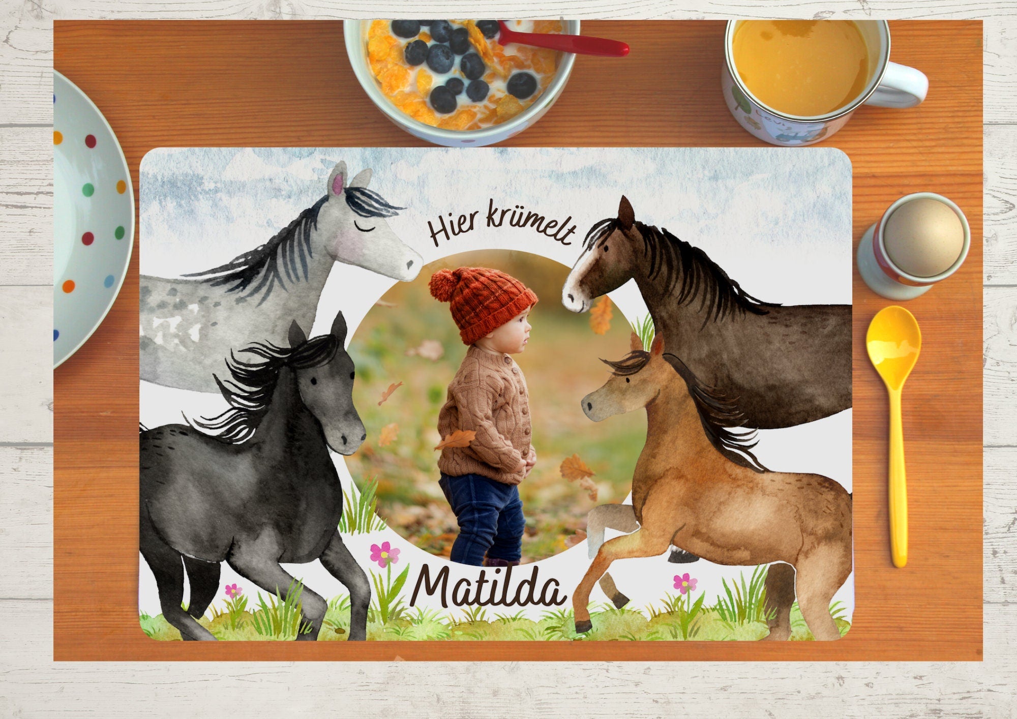 Platzdeckchen mit Name und Foto Pferd Pony Reiterin Pferde – Placemats