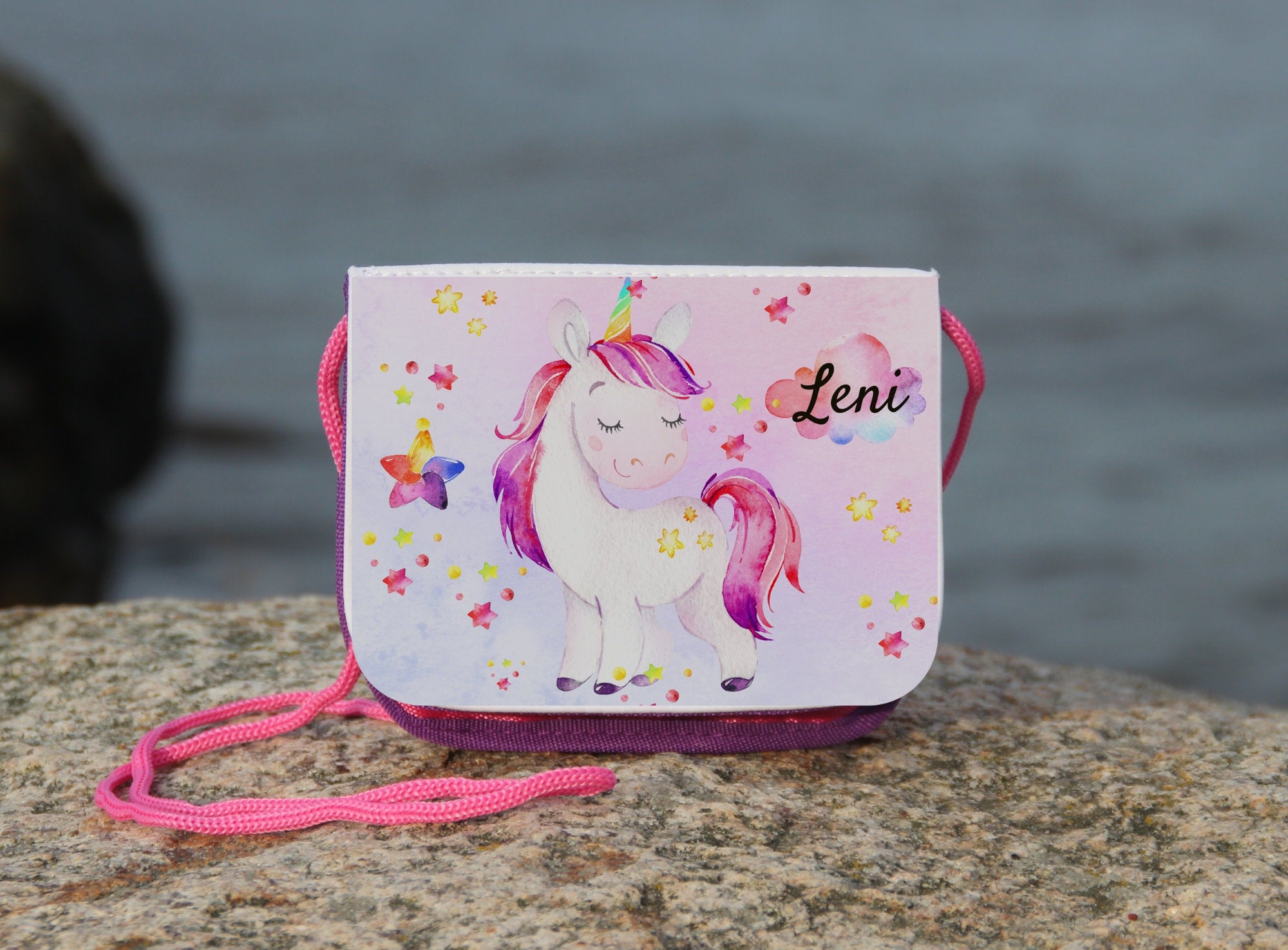Personalisierter Brustbeutel für Kinder mit Einhorn und Glitzer – ideal für Kita, Schule oder Einschulung – Umhängetasche mit Namen