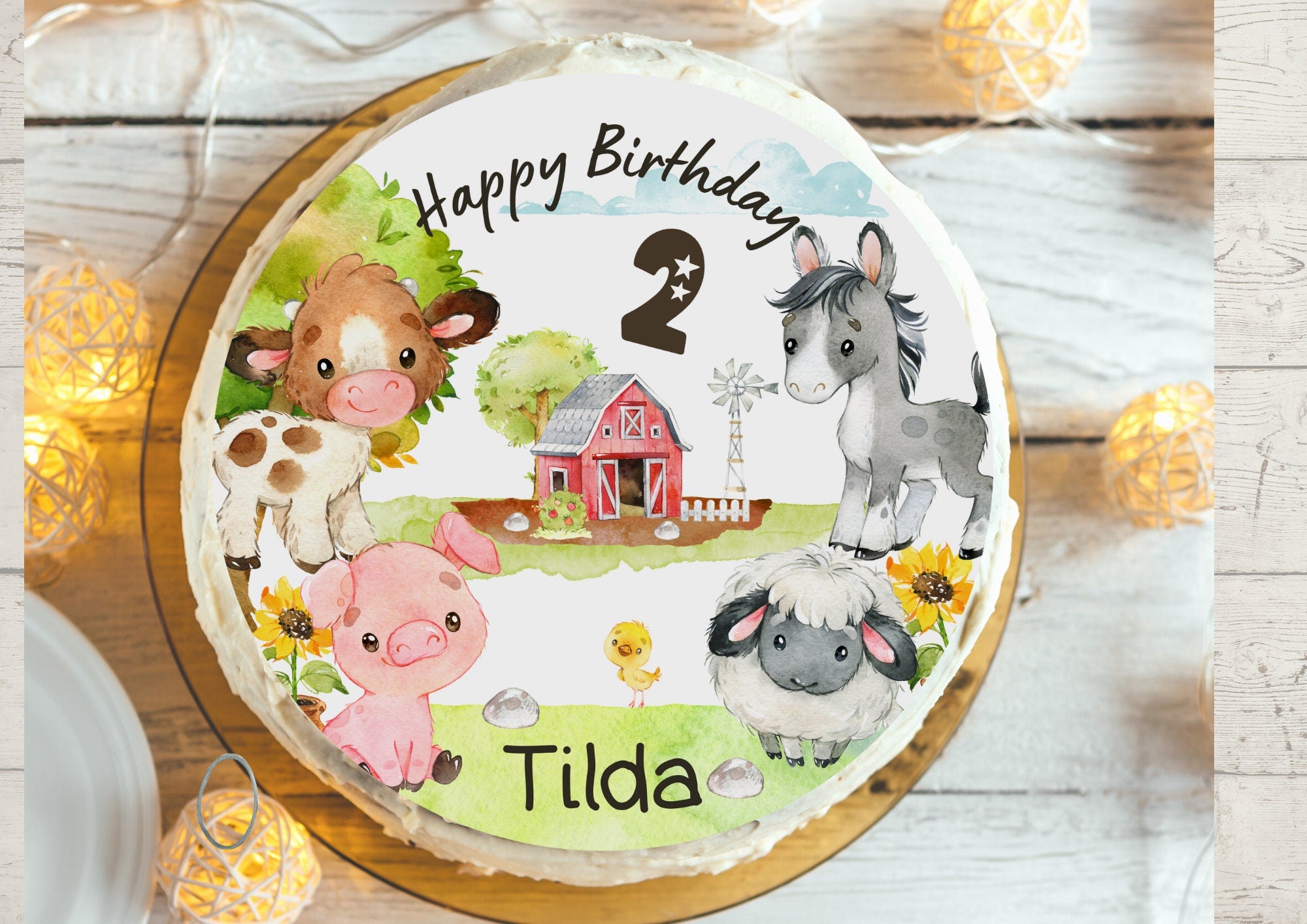 Tortenaufleger Bauernhof personalisiert – mit Name & Zahl – Tiere Geburtstag – Fondant Deko Kuh Schwein Schaf Esel – Ø 20 cm – Party Decor