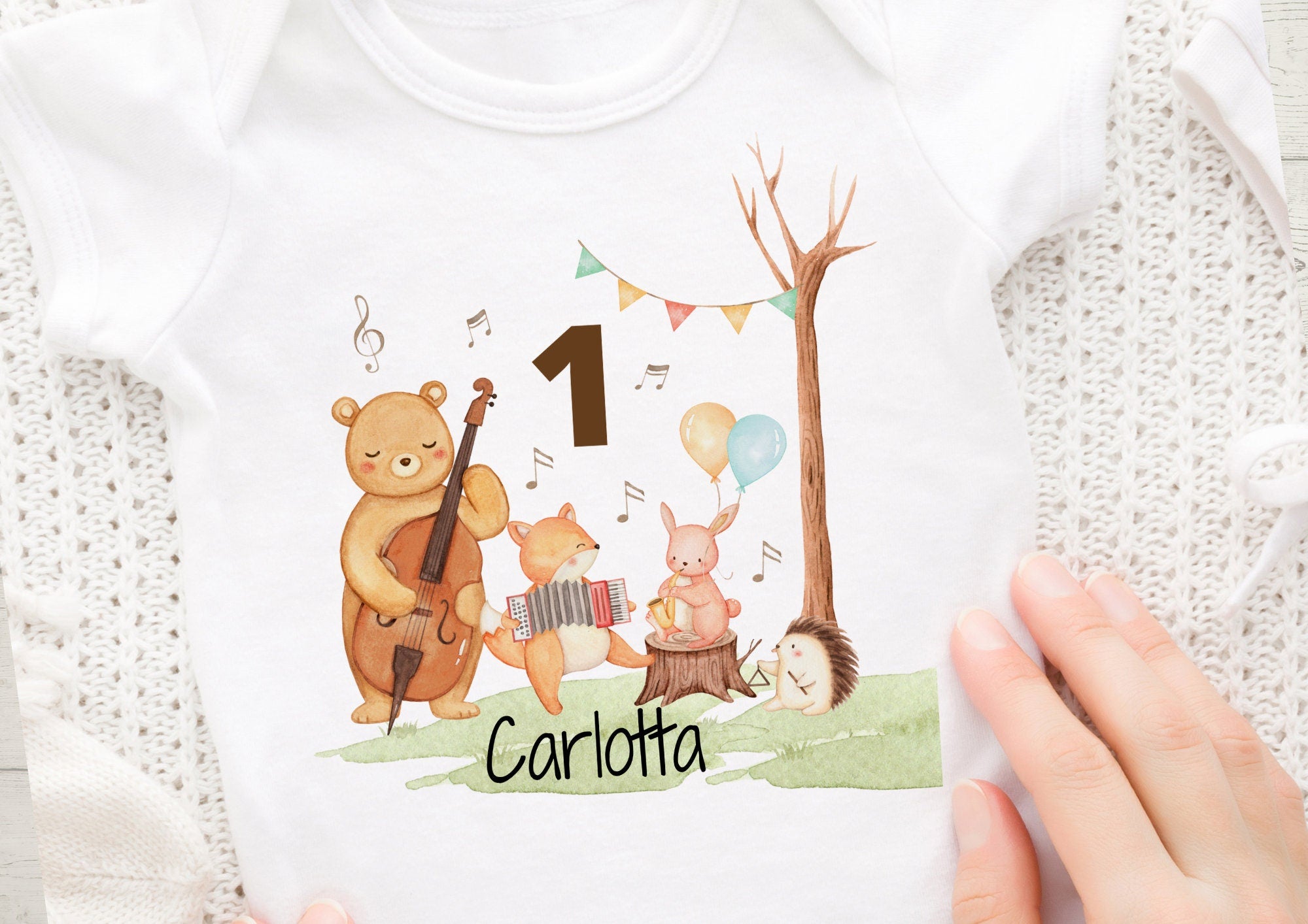 Bügelbild Waldtiere mit Musik – personalisiert mit Name & Zahl – Geburtstagsshirt Fuchs Hase Bär – A4 oder A5 für bunte Stoffe – Appliques & Patches