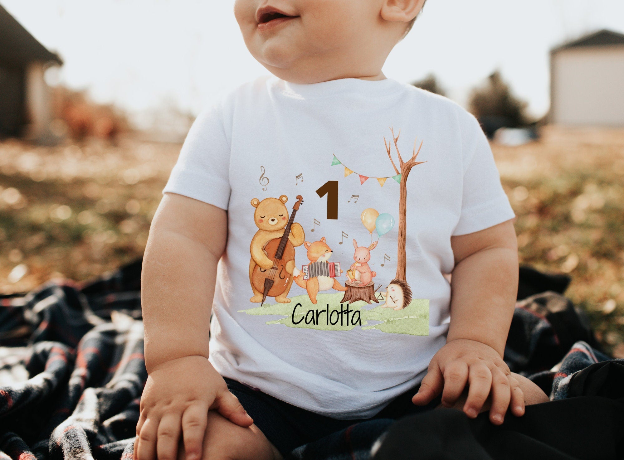 Geburtstagsshirt personalisiert Waldtiere Bär Reh Fuchs Musiker Musik Instrumente